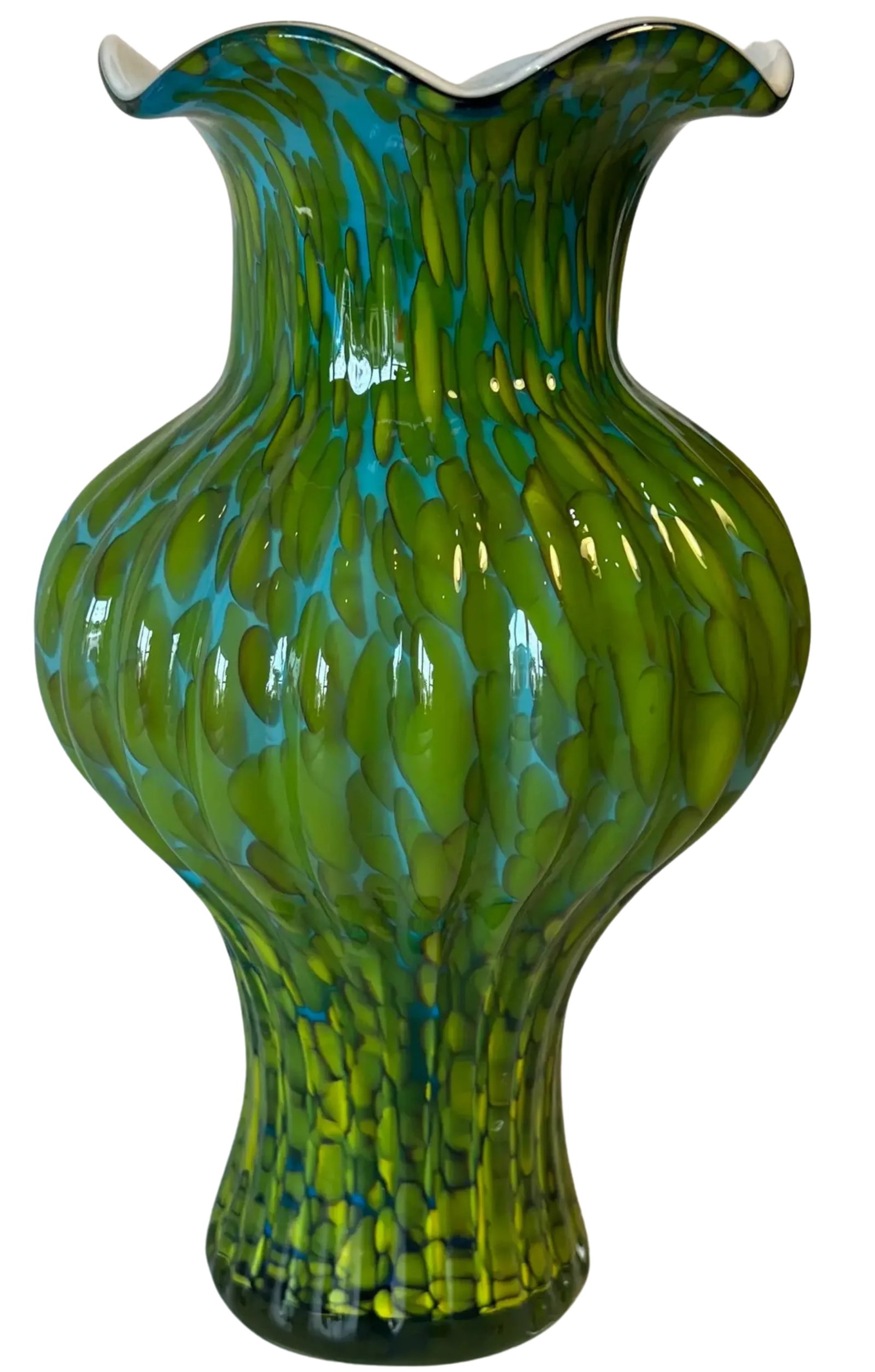 Murano Blue Yellow Green Art Glass Vase Swirls Oval Patterns- A Pair - 5