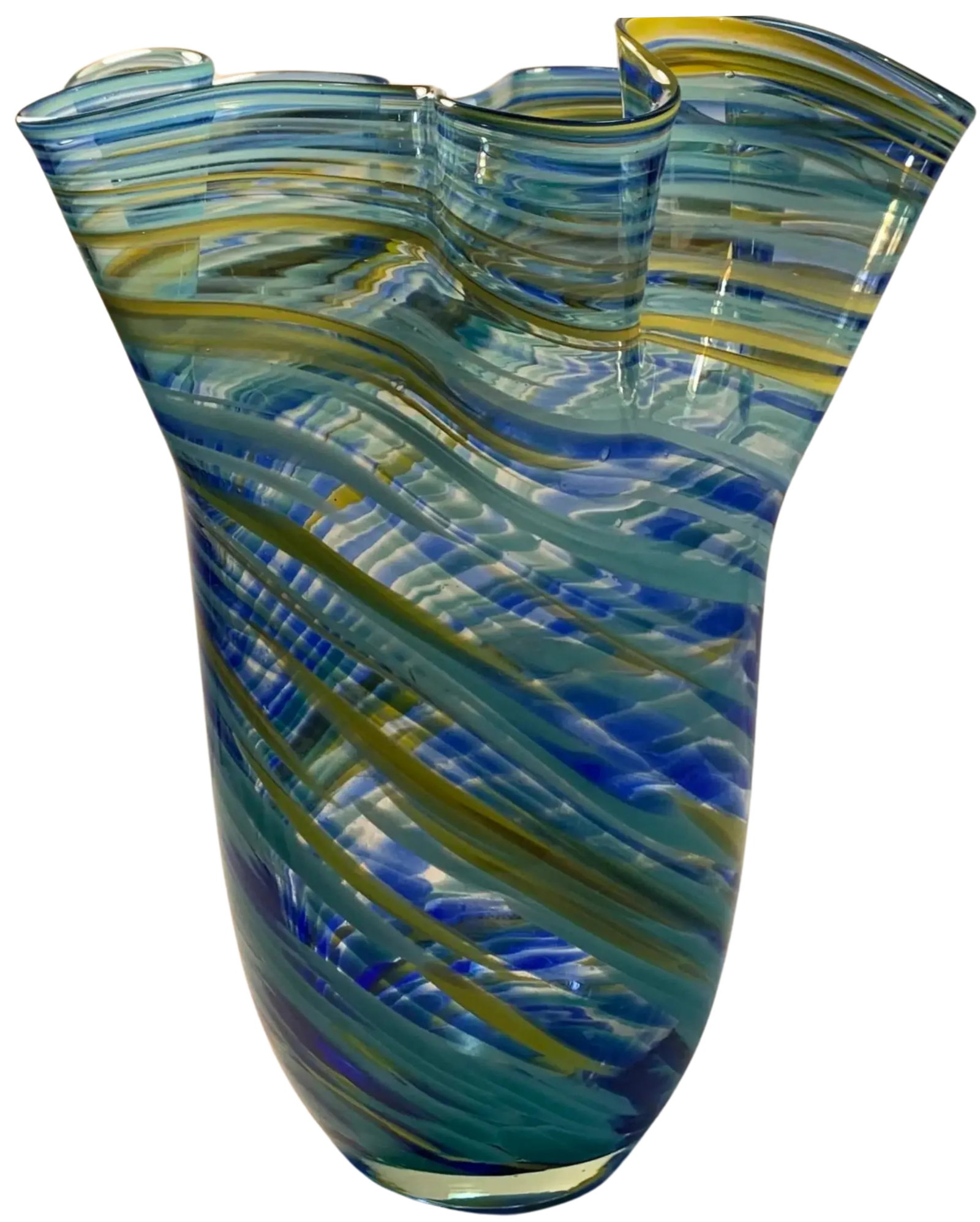 Murano Blue Yellow Green Art Glass Vase Swirls Oval Patterns- A Pair - 6