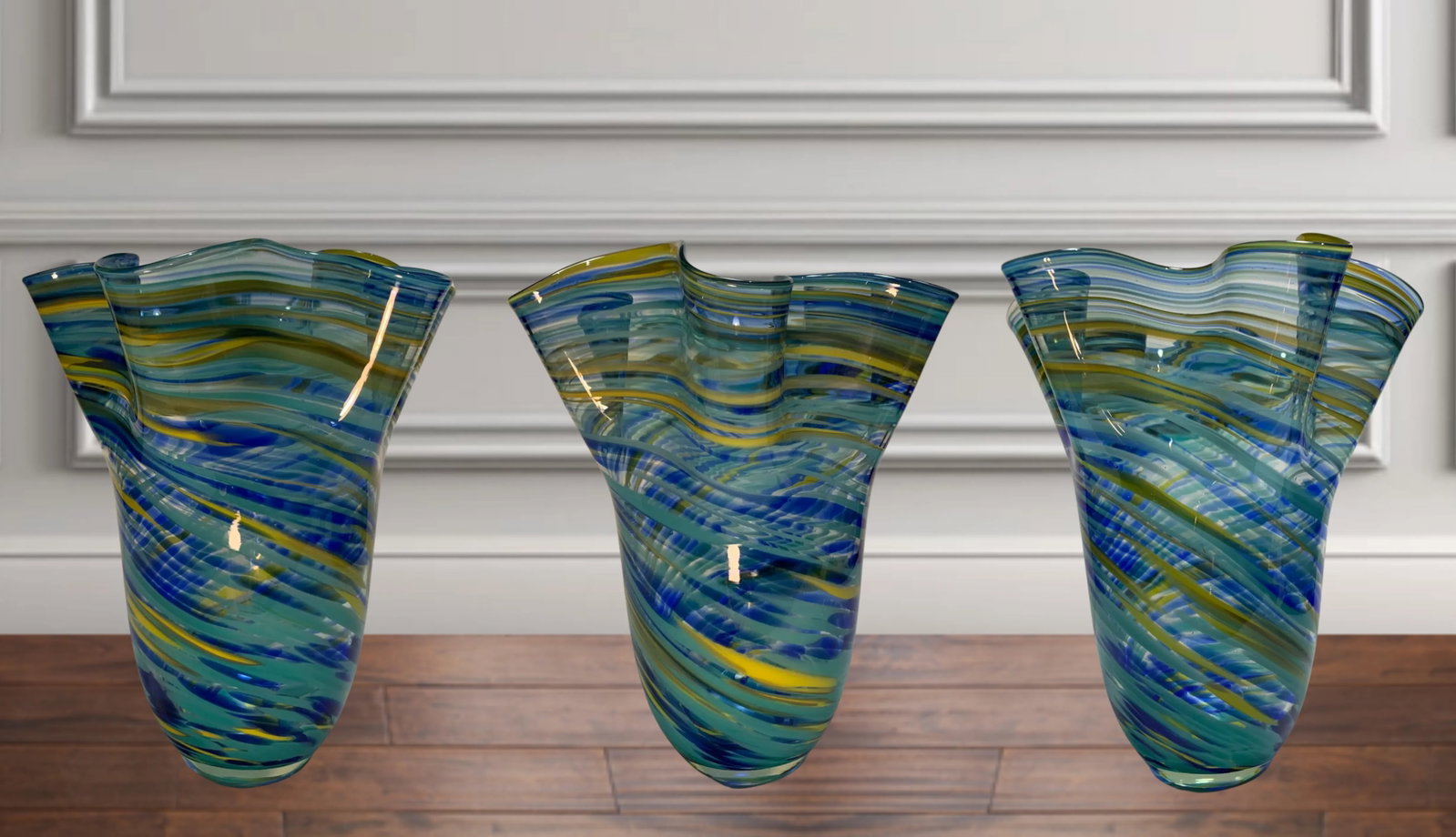 Murano Blue Yellow Green Art Glass Vase Swirls Oval Patterns- A Pair - 9