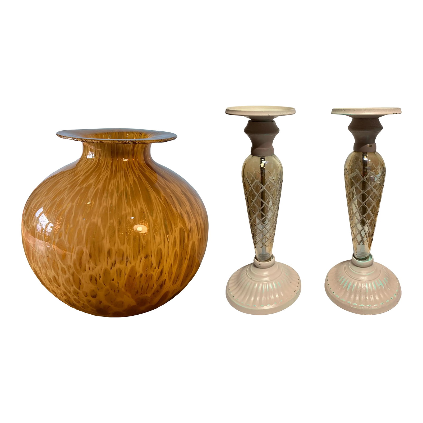 Murano Art Glass Amber Vase and Candle Holder Set of 3: This elegant pairing of Murano art glass and vintage etched glass creates a harmonious blend for various interior design styles. The hand-blown Murano vase (9 x 9 x 8.75 inches), crafted by skilled