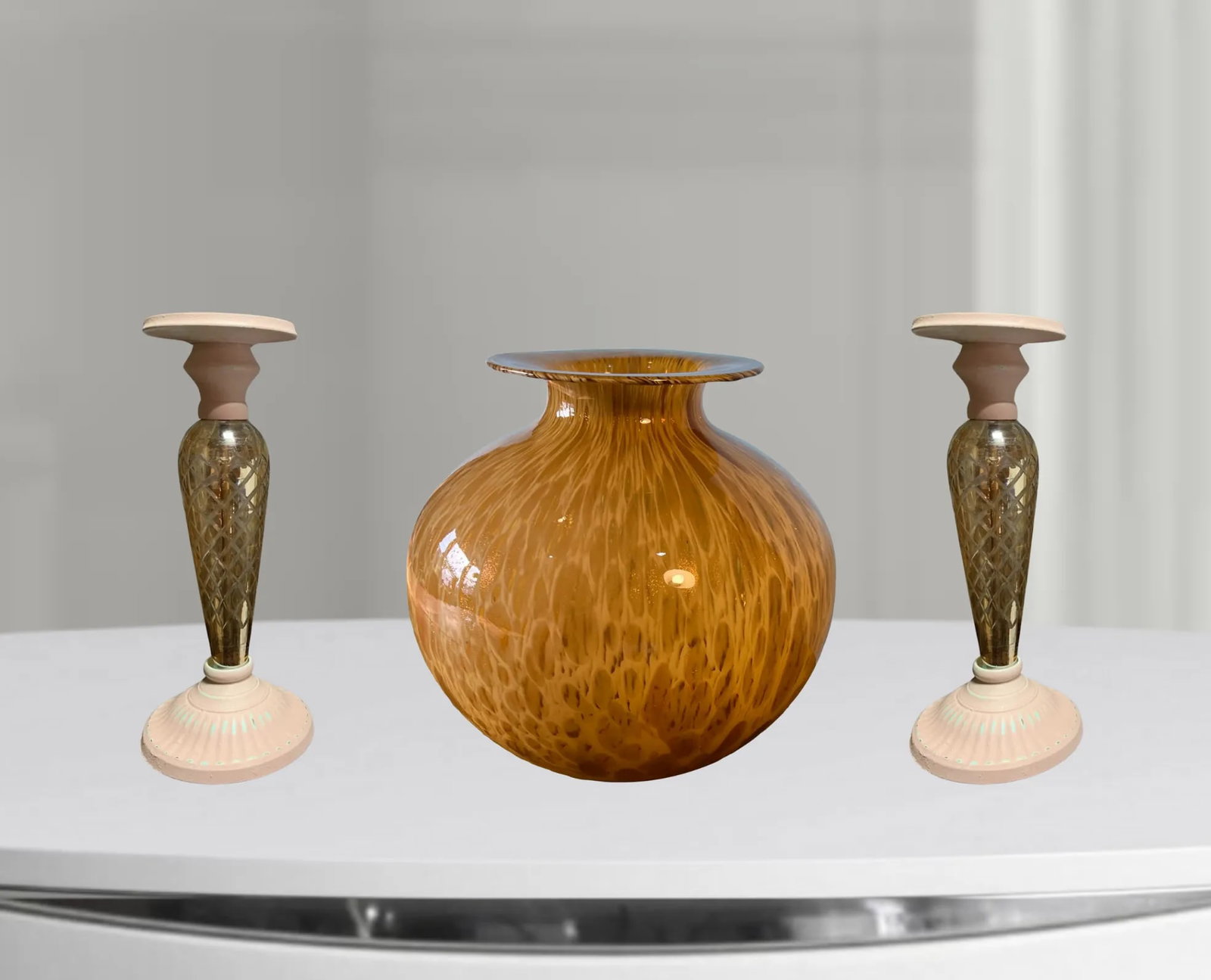 Murano Art Glass Amber Vase and Candle Holder Set of 3 - 7