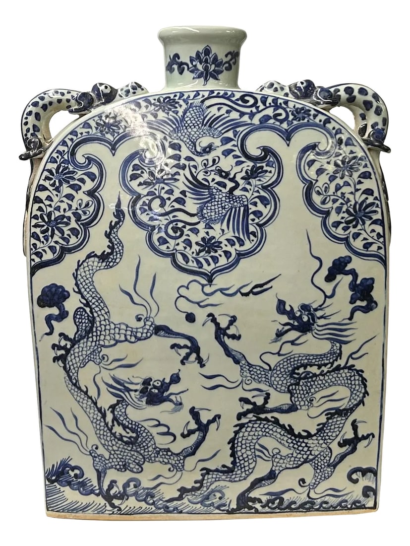 Chinese Blue White Porcelain Dragons Phoenix Square Flat Vase (1 of 7)