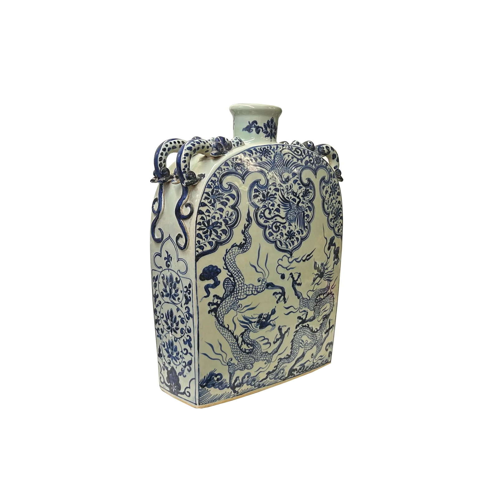 Chinese Blue White Porcelain Dragons Phoenix Square Flat Vase - 2