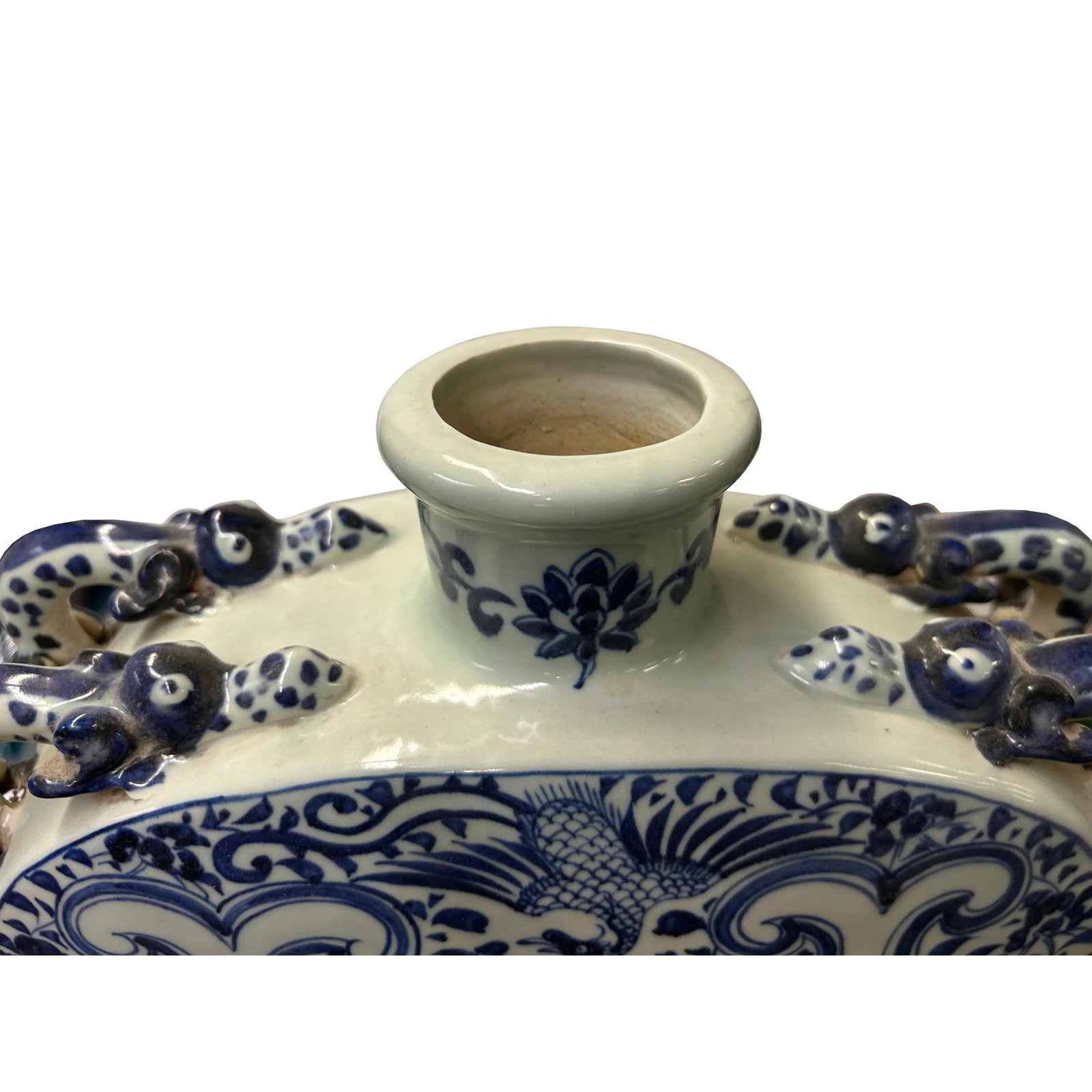 Chinese Blue White Porcelain Dragons Phoenix Square Flat Vase - 4