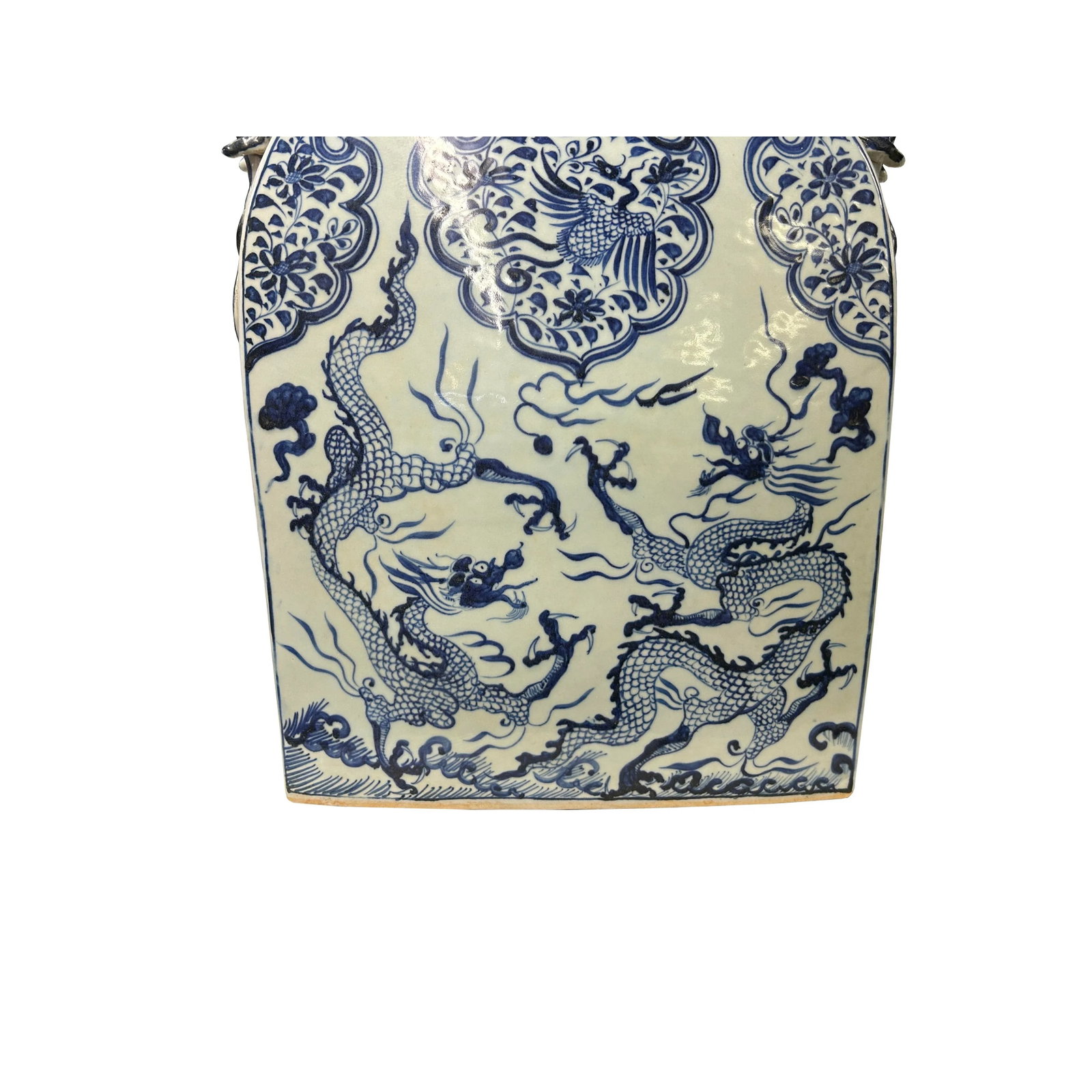 Chinese Blue White Porcelain Dragons Phoenix Square Flat Vase - 5