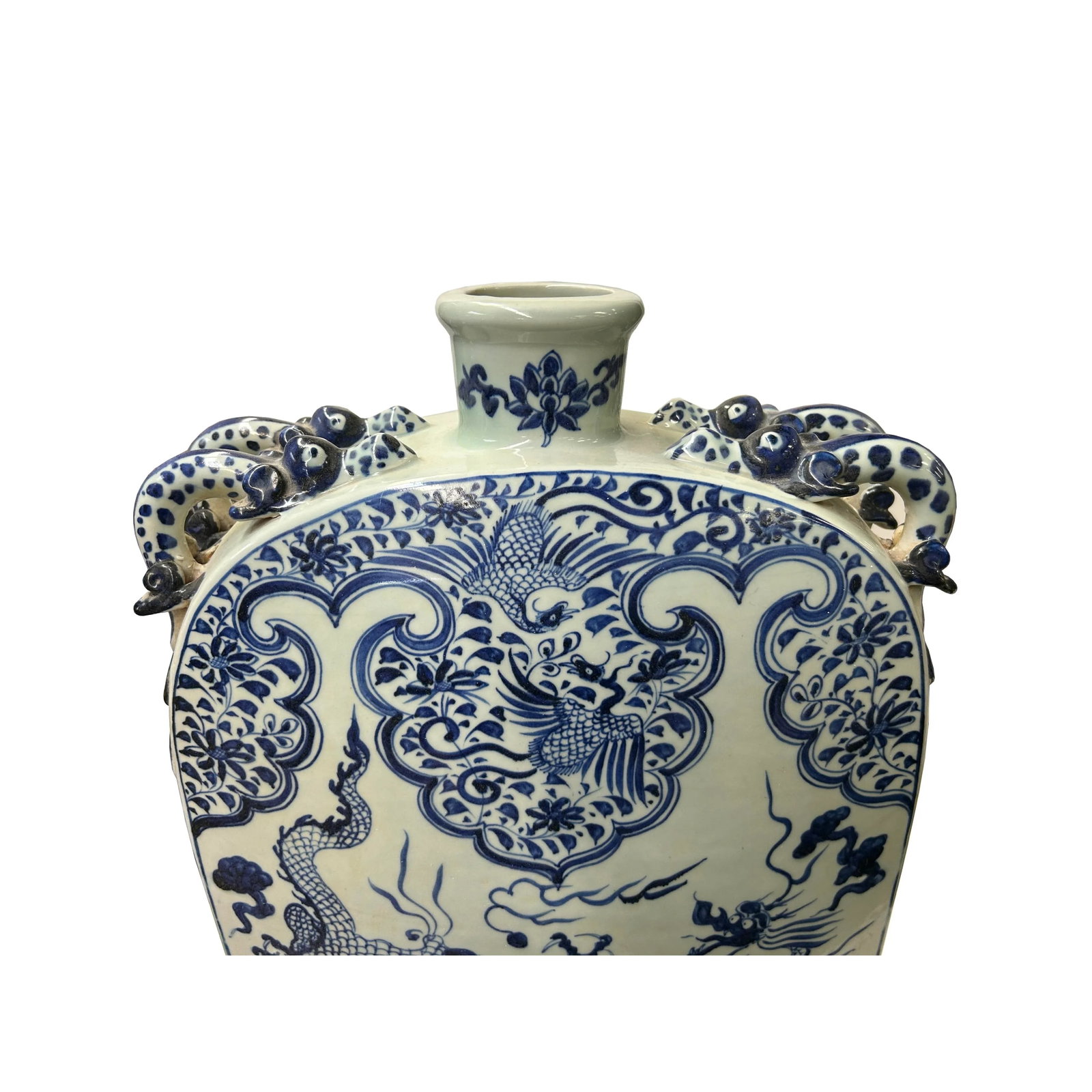 Chinese Blue White Porcelain Dragons Phoenix Square Flat Vase - 6