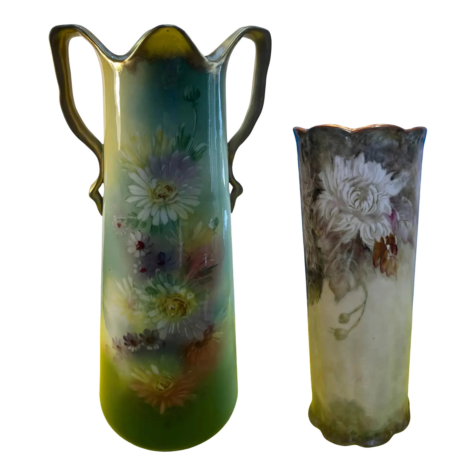Green Floral Carlsbad, Austria & Kpm, W. Germany Porcelain Vases - A Pair: These two porcelain vases, though distinct in style and design, complement each other beautifully, making them a versatile addition to various interior design themes. The first vase, crafted by the