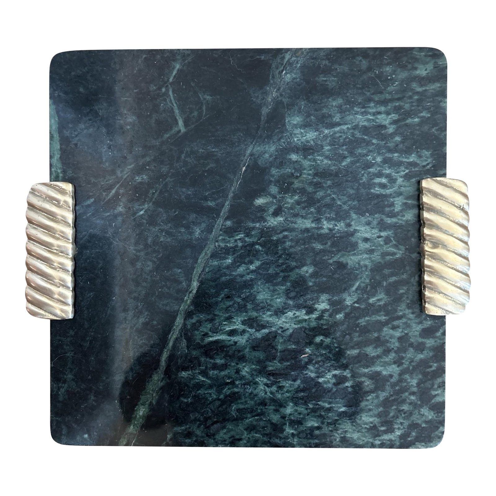 1970s Georges Briard Marble Tray: Fabulous green marble serving tray with brass handles. Perfect on a bar, perfect in a kitchen or a shelf for decoration. Condition: Alterations: Unknown Imperfections: Some Imperfections Condition