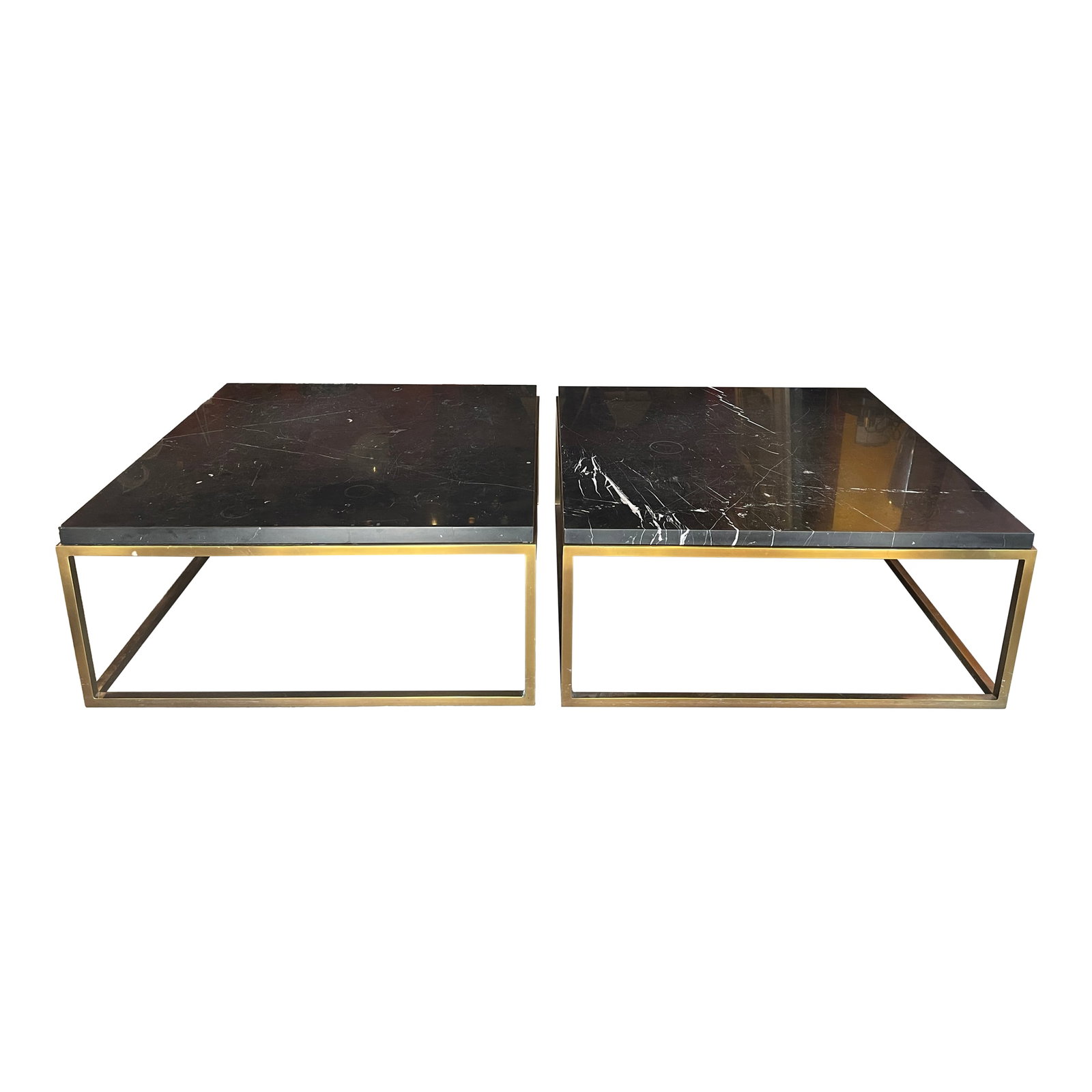 Pair of Large Square Restoration Hardware Marble Top Coffee Tables: This is a substantial pair of marble top Restoration Hardware cocktail tables. They are so solid you can nearly dance on them! Condition: Alterations: Original Condition Unaltered Imperfections: Some