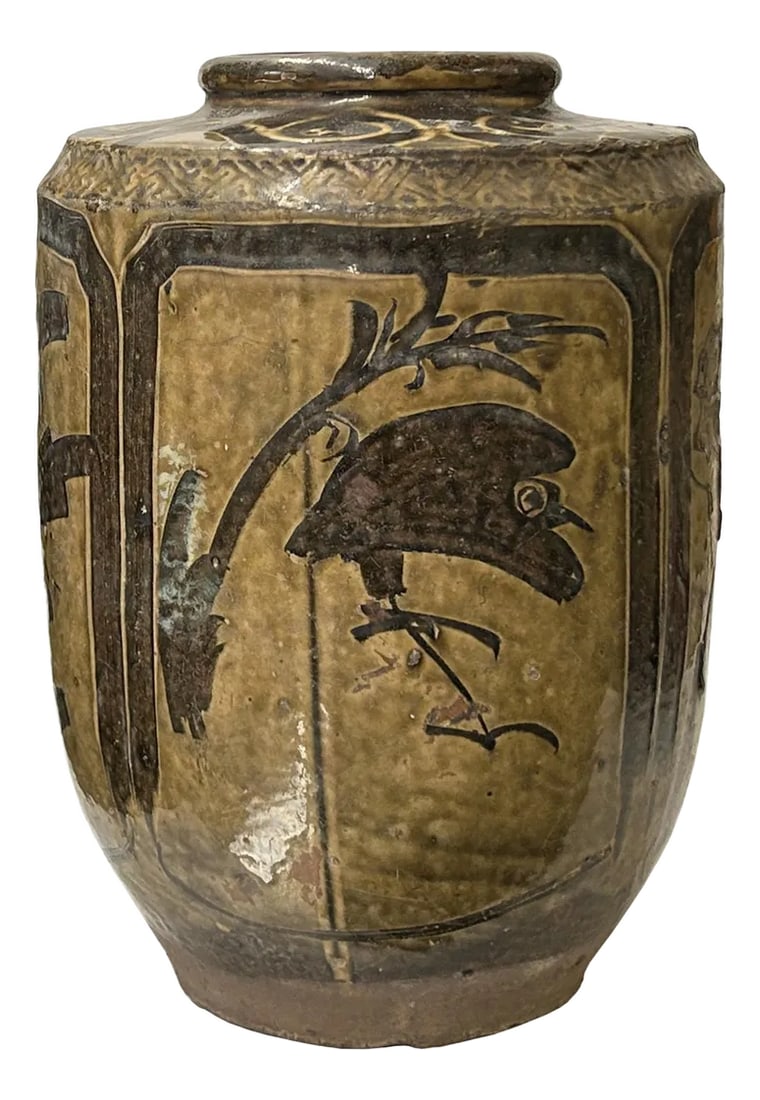 Vintage Earthy Beige Brown Village Rural Pottery Ceramic Pot Vase: This ancient ceramic jar exudes a rustic charm, its weathered surface telling tales of centuries past. The vessel, crafted from earthy pottery ware, features a rounded body that tapers slightly