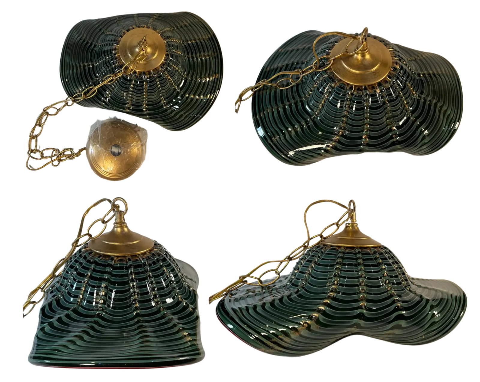 Murano Art Glass Undulating Loosely Furled Green Swirled Pendant Light - 12