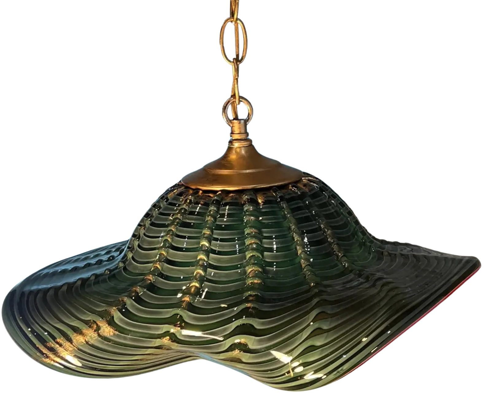 Murano Art Glass Undulating Loosely Furled Green Swirled Pendant Light - 2