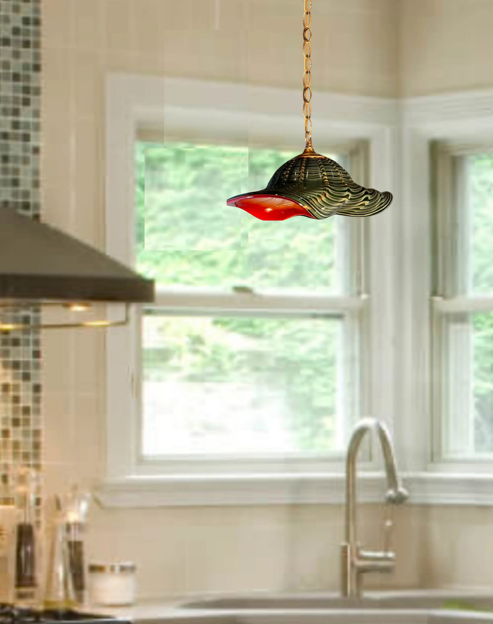 Murano Art Glass Undulating Loosely Furled Green Swirled Pendant Light - 3
