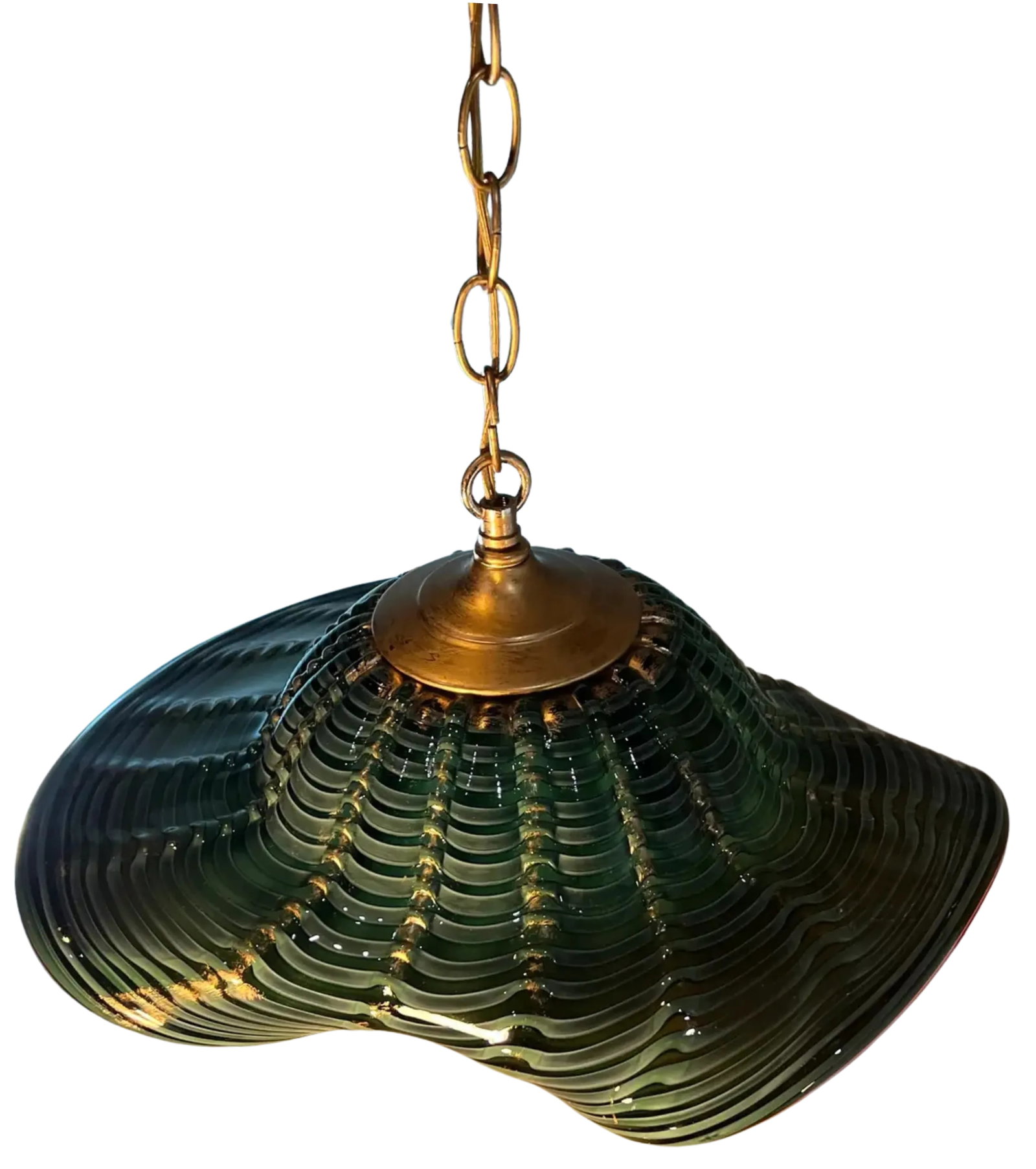 Murano Art Glass Undulating Loosely Furled Green Swirled Pendant Light - 4