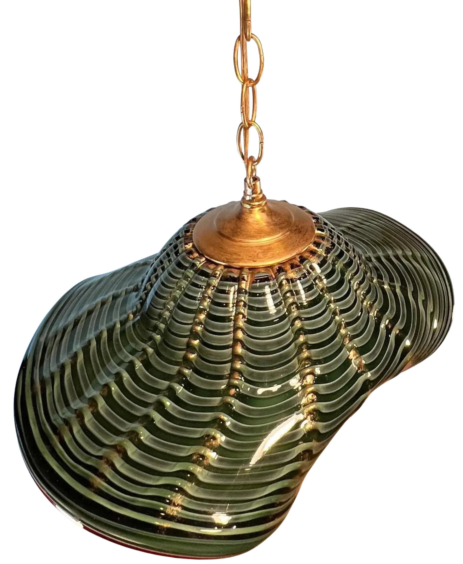 Murano Art Glass Undulating Loosely Furled Green Swirled Pendant Light - 6