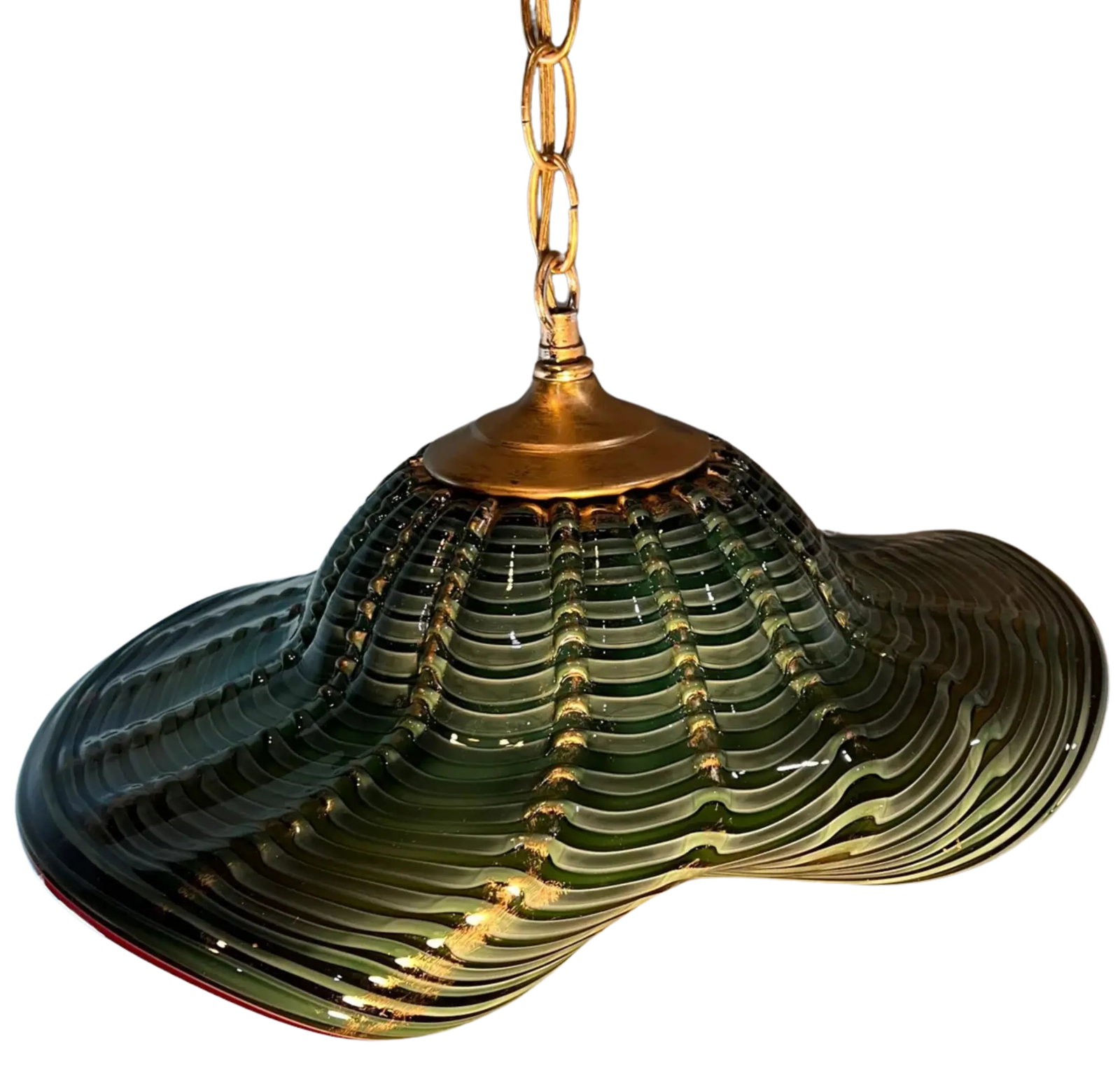 Murano Art Glass Undulating Loosely Furled Green Swirled Pendant Light - 8