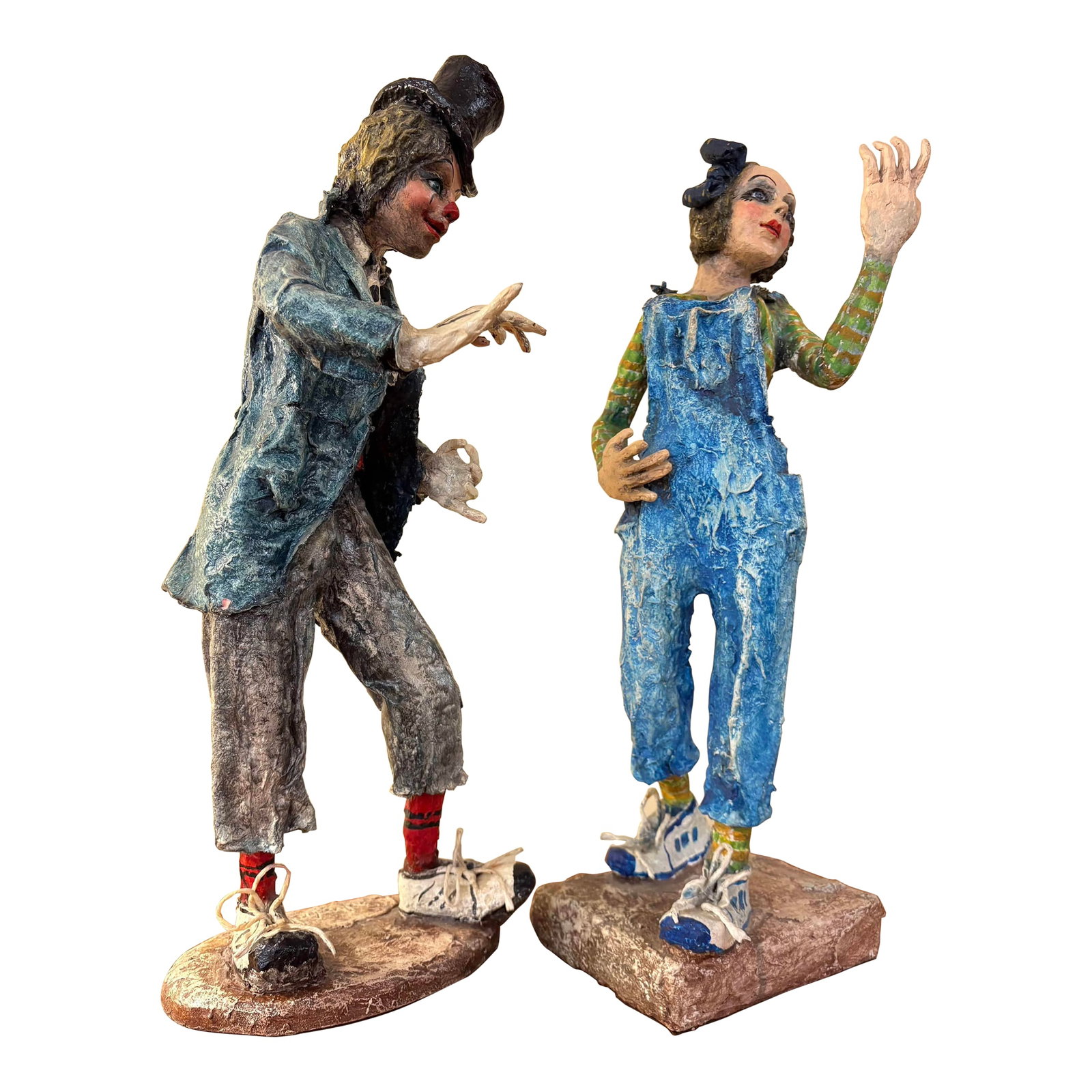 Whimsical Papier-Mâché Clown Figurines – Unique Handmade Art: Add a touch of playful charm and artistic flair to your space with this captivating pair of vintage-style papier-mâché clown sculptures. Expertly hand-crafted and full of personality, each