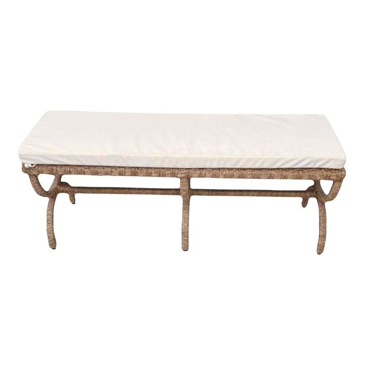 Vintage Outdoor Woven Bench in the Style of Audoux Minet: Woven outdoor bench with natural off-white cushion. In the style of Audoux Minet. Condition: Alterations: Original Condition Unaltered Imperfections: Some Imperfections Condition Notes: Very good preo