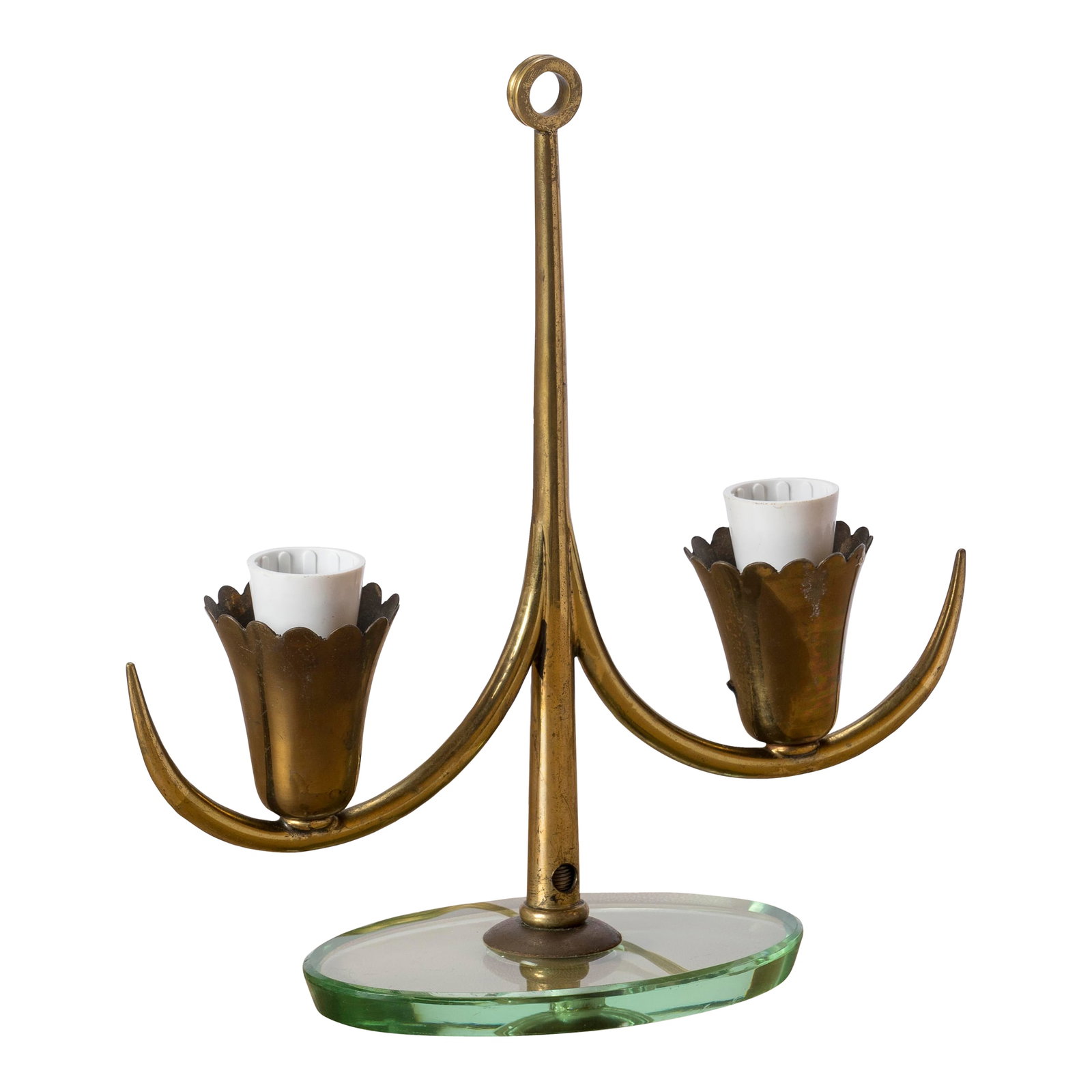 Petite Glass and Brass Table Lamp Att. Fontana Arte, Italy 1950s: Elegant table lamp attributed to Fontana Arte. Typical of Italian lighting productions from the '50s. Features a light green tinted glass base and a brass pole with two sockets. Condition: Alterations
