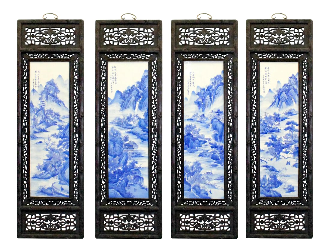 Chinese Mountain River Porcelain Blue & White Painting Wall Panel Set: This is a four pieces porcelain painting wall decorative panels set. The blue and white part is made of porcelain and the frame is made of wood. Every single panel has graphics about mountains, rivers