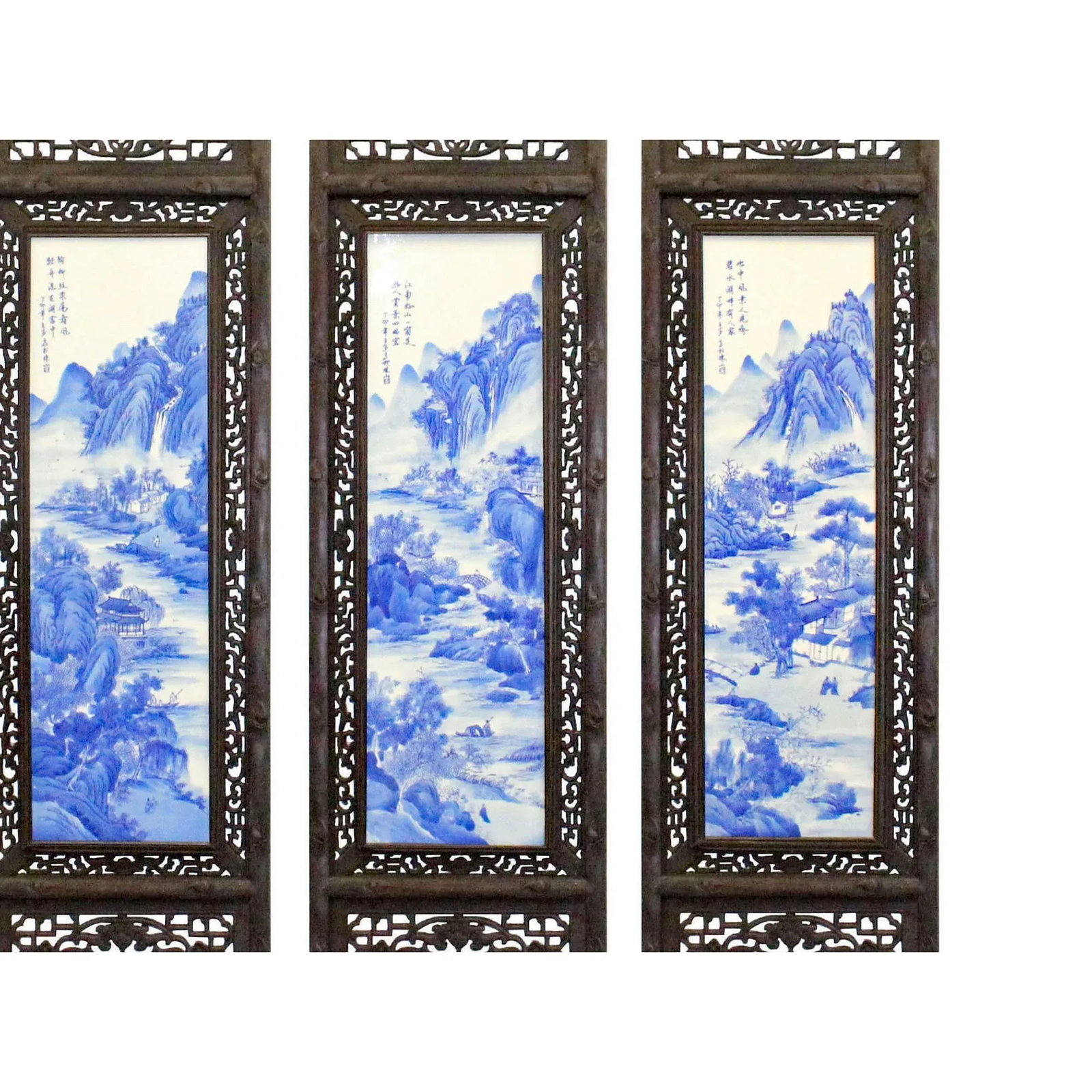Chinese Mountain River Porcelain Blue & White Painting Wall Panel Set - 5