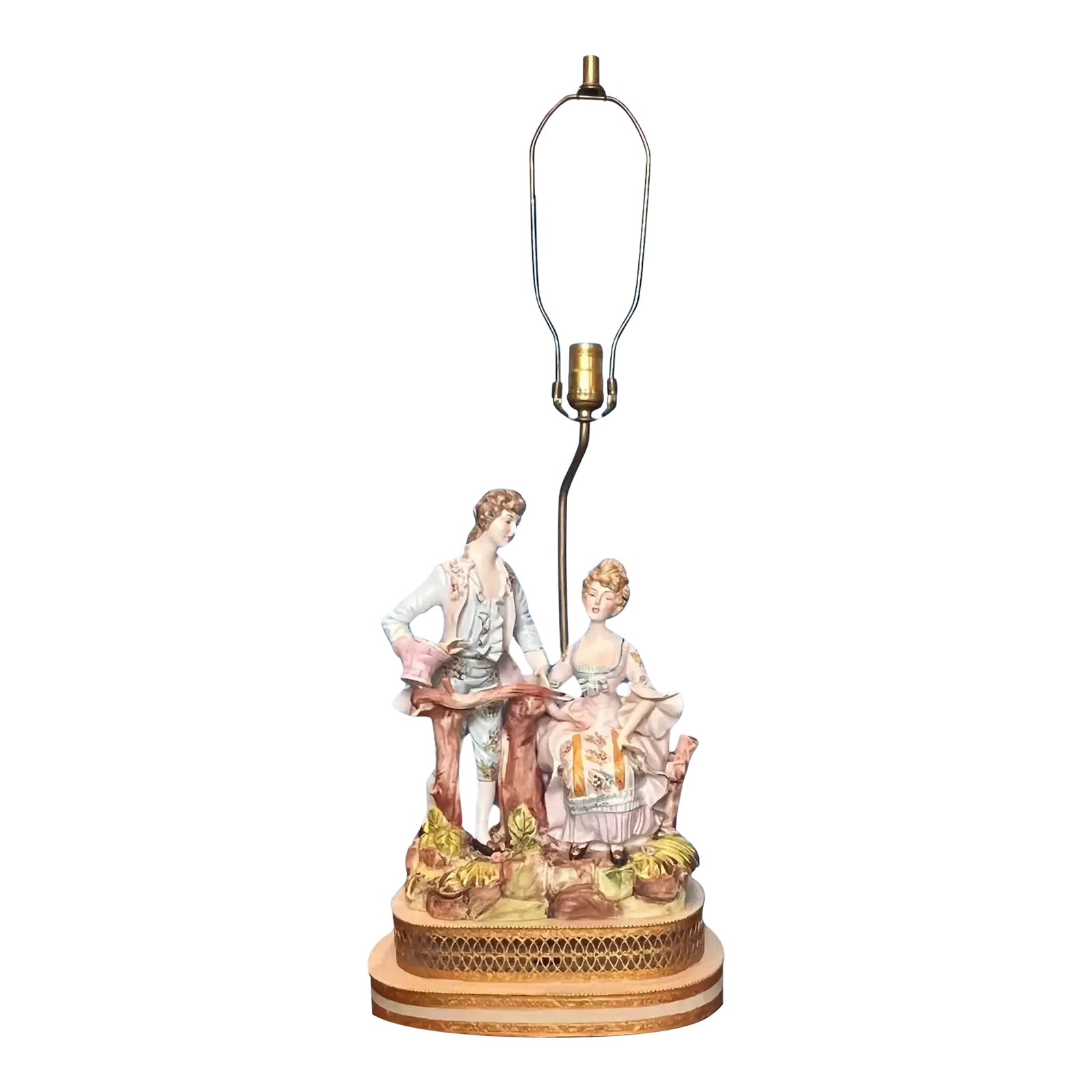 MI-Century Capodimonte Porcelain Figural Lamp - Courting Couple: This beautiful Mid-Century Capodimonte Porcelain lamp depicts a courting couple in 18th century period clothing. The young man stands to the right behind a tree branch holding a basket of flowers in h