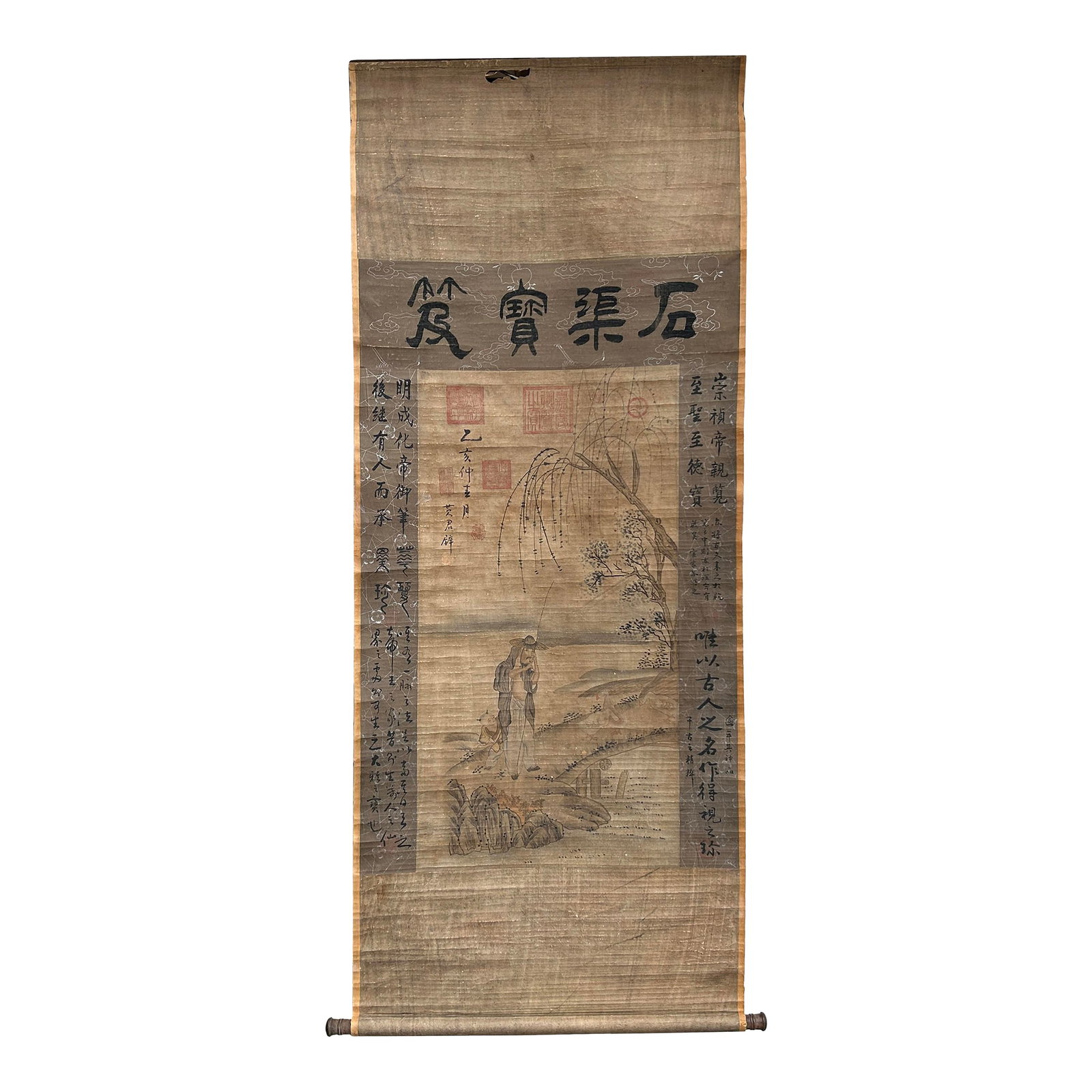 Chinese Ink Brush Old Man Kid Scenery Scroll Painting Wall Art: Bring the elegance of ancient China into your home with this exquisite antique Chinese scroll painting. This captivating artwork depicts a serene landscape with figures, embodying the classical beauty