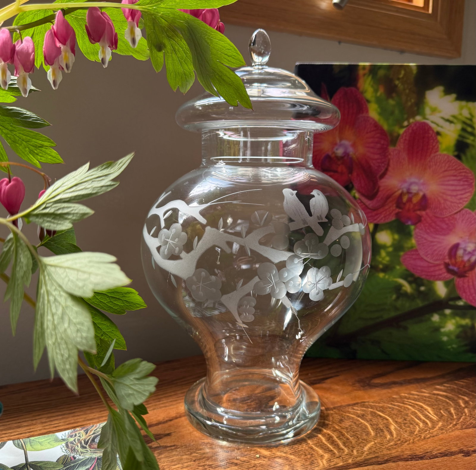 1950s Glass Ginger Jar With Etched Cherry Blossom Birds Motif - 9