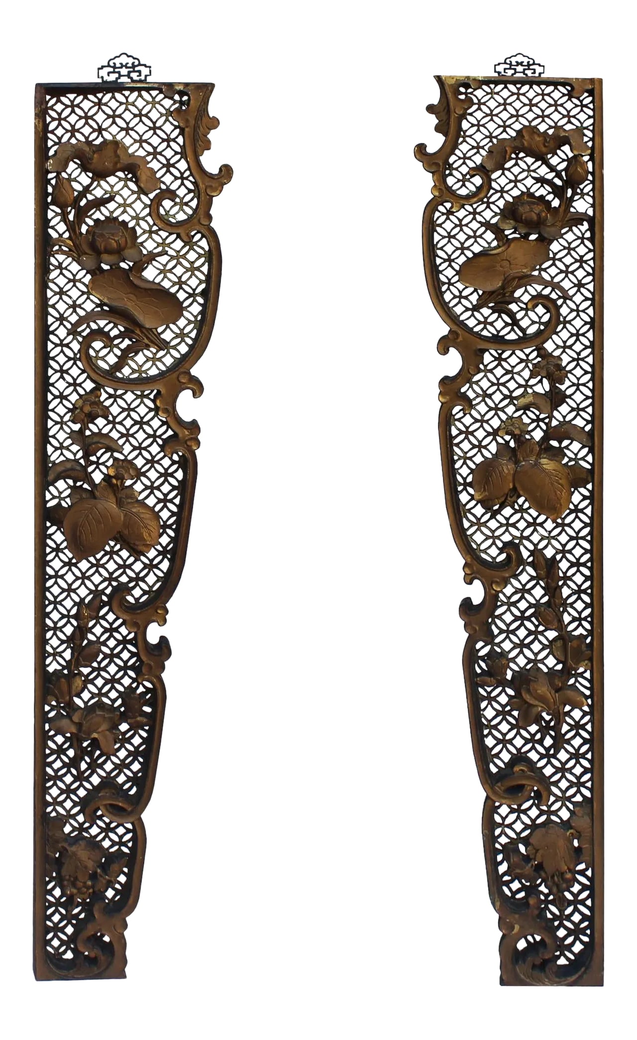 Chinese Golden Relief Lotus Flower Carving Couplet Wood Wall Panels - a Pair: This is a pair of wall panels with plaque shape design, center with relief dimensional lotus flowers carving with diamond pattern base. It is finished in distressed matte golden color. Dimensions: w11