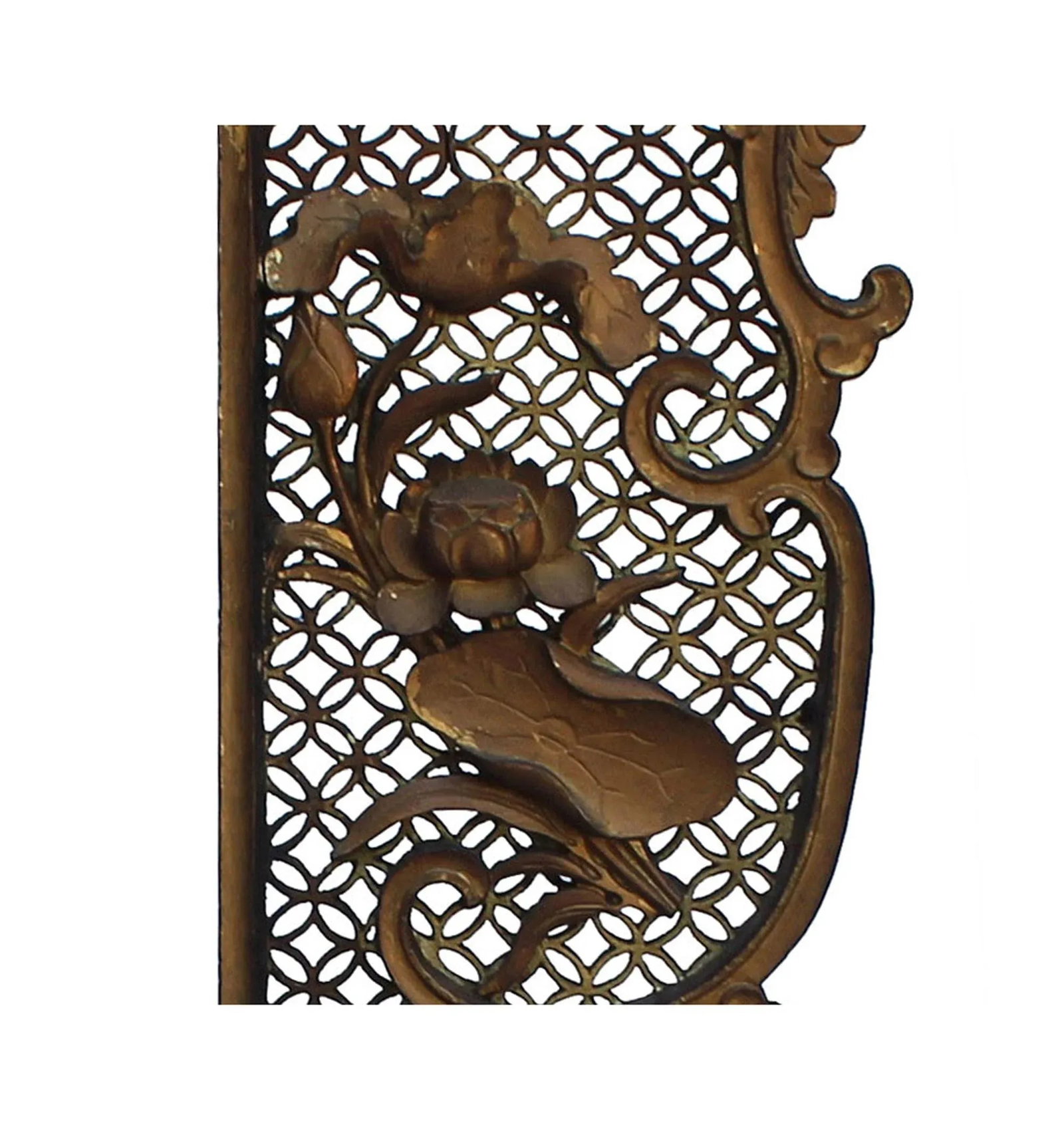 Chinese Golden Relief Lotus Flower Carving Couplet Wood Wall Panels - a Pair - 2