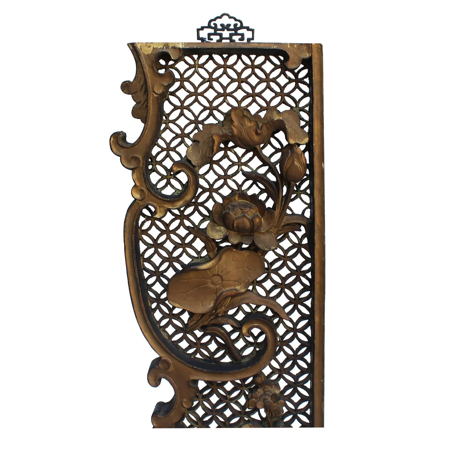 Chinese Golden Relief Lotus Flower Carving Couplet Wood Wall Panels - a Pair - 6
