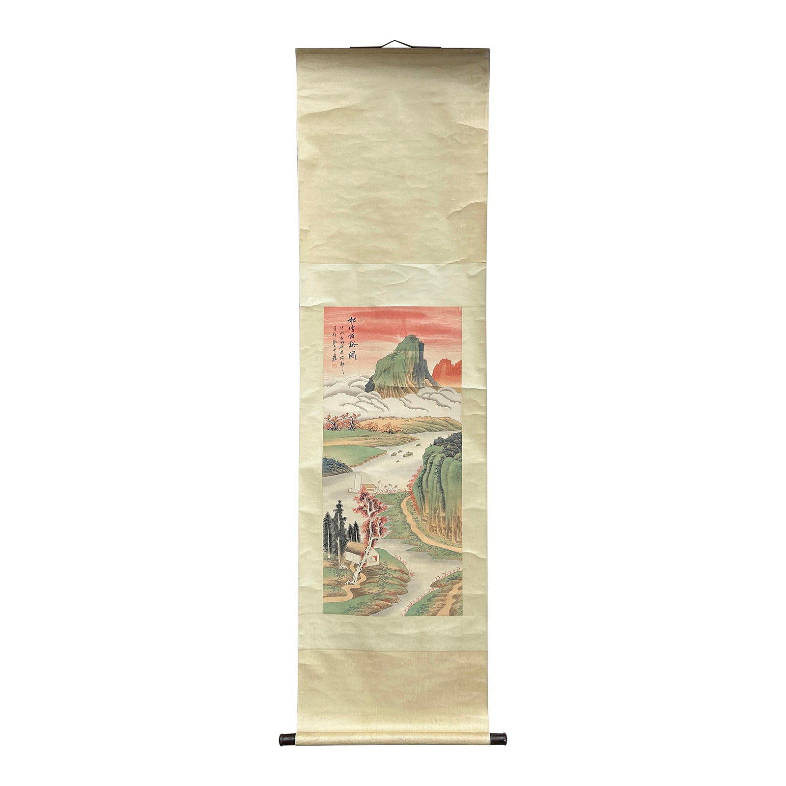 Vintage Chinese Color Ink Brush Scenery Scroll Painting Wall Art: Immerse yourself in the serene beauty of this vintage Chinese color ink brush mountain scenery scroll painting, a masterpiece that beautifully encapsulates the harmony and grandeur of nature. Rendered