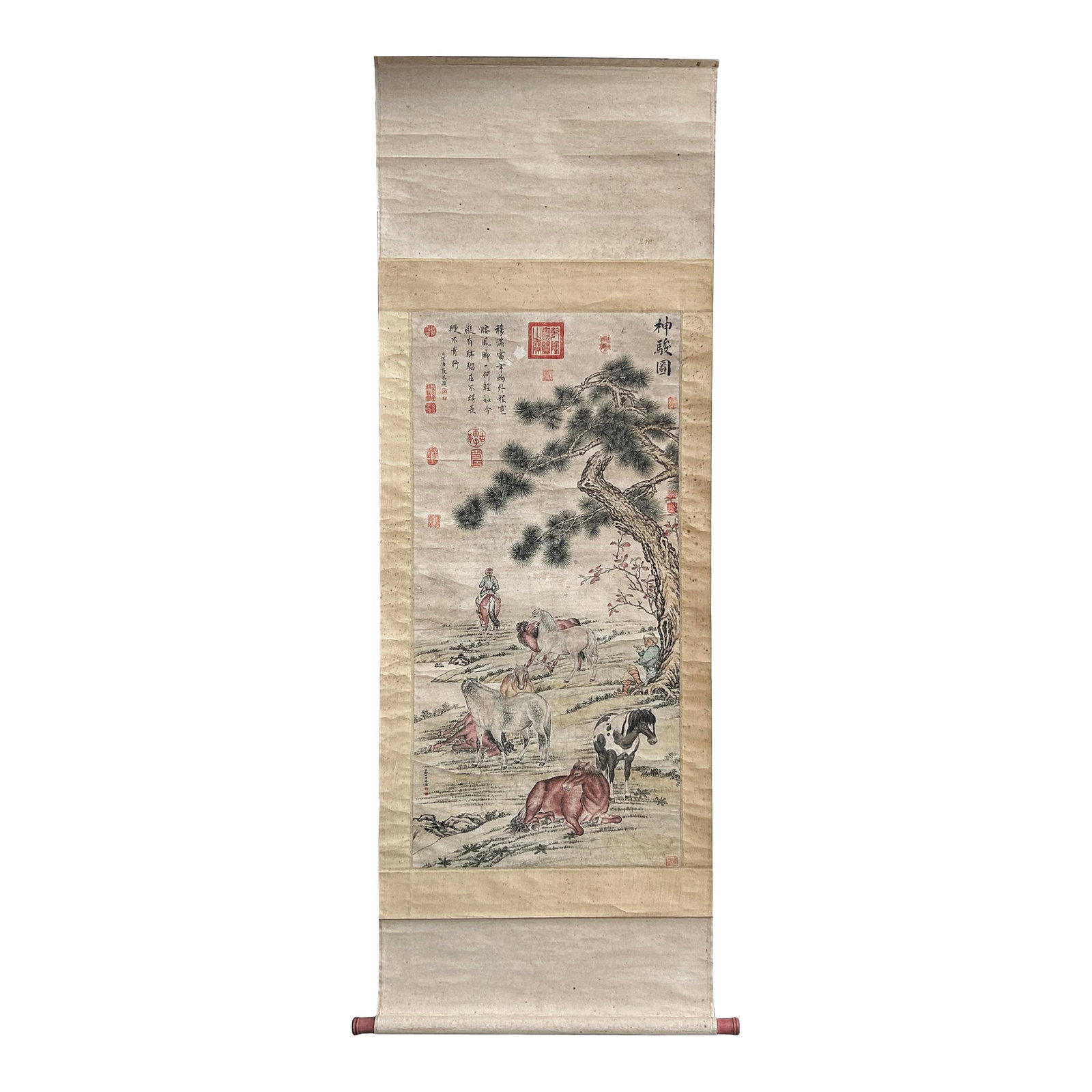 Vintage Chinese Ink Brush Divine Horses Scenery Scroll Painting Wall Art: Presented is a captivating antique Chinese scroll painting, titled "Divine Horses Picture " (ç¥žé§¿åœ–), that beautifully encapsulates a pastoral scene