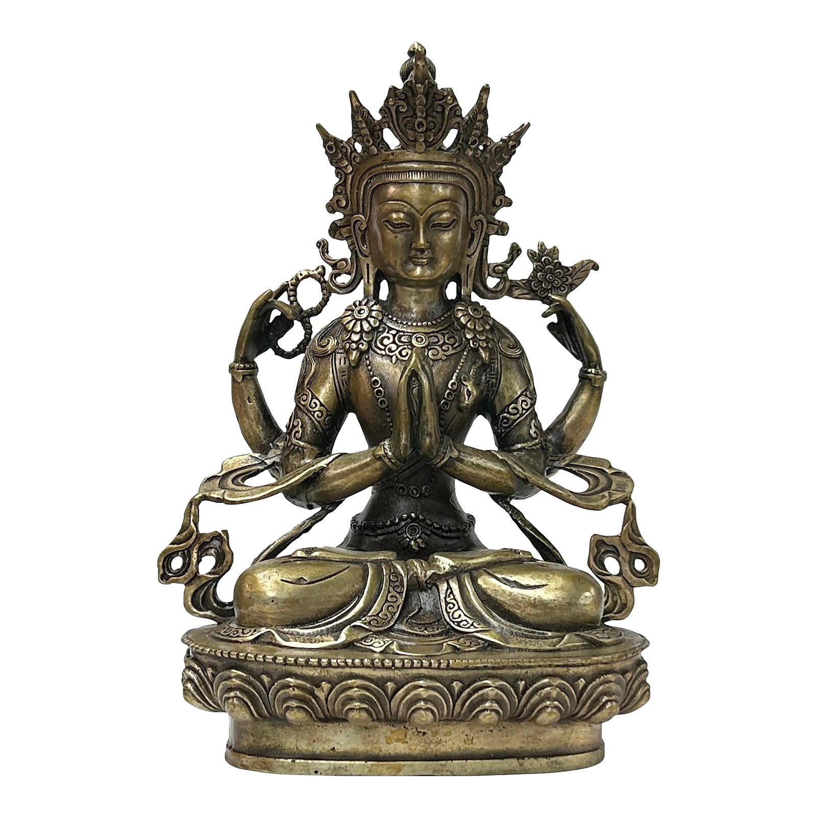 Vintage Distressed Silver Color Metal Sitting Four Arms Tara Statue: Tara is a revered female Buddha or Bodhisattva in Buddhism, especially prominent in Mahayana and Vajrayana traditions. She is known as a saviouress who embodies compassion and helps beings overcome