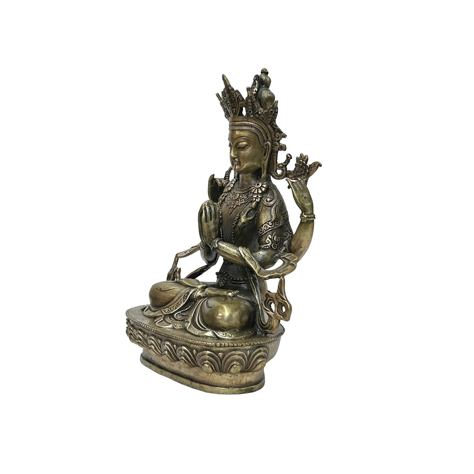 Vintage Distressed Silver Color Metal Sitting Four Arms Tara Statue - 3