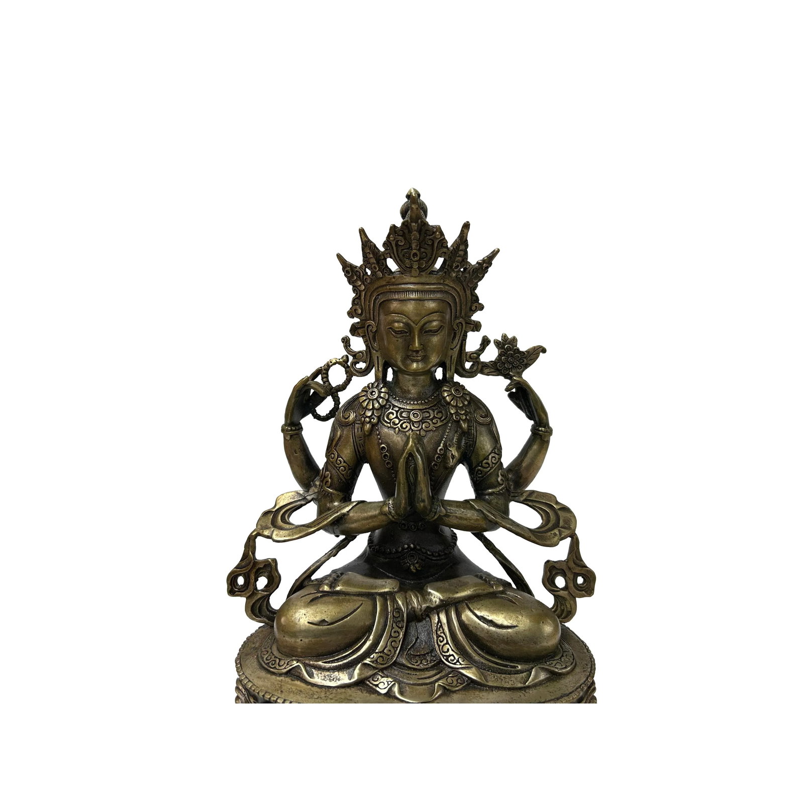 Vintage Distressed Silver Color Metal Sitting Four Arms Tara Statue - 5