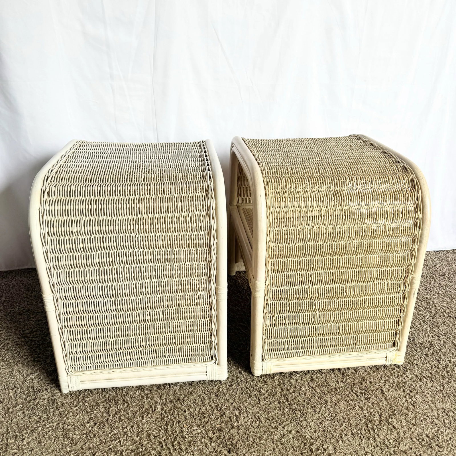 Boho Chic Coastal Rattan Wicker Waterfall Side Tables/Nightstands - A Pair - 10