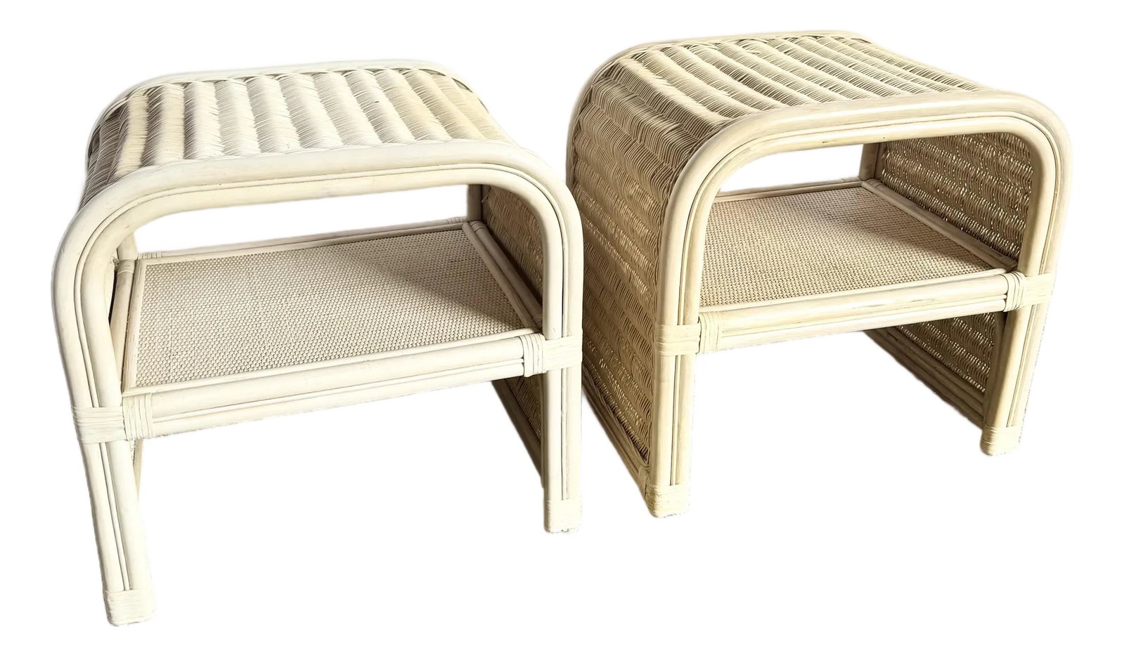 Boho Chic Coastal Rattan Wicker Waterfall Side Tables/Nightstands - A Pair: This charming pair of Boho Chic coastal side tables brings a breezy, sun-washed elegance to any space. Featuring a waterfall silhouette with tightly woven rattan and wicker panels, each piece evokes t