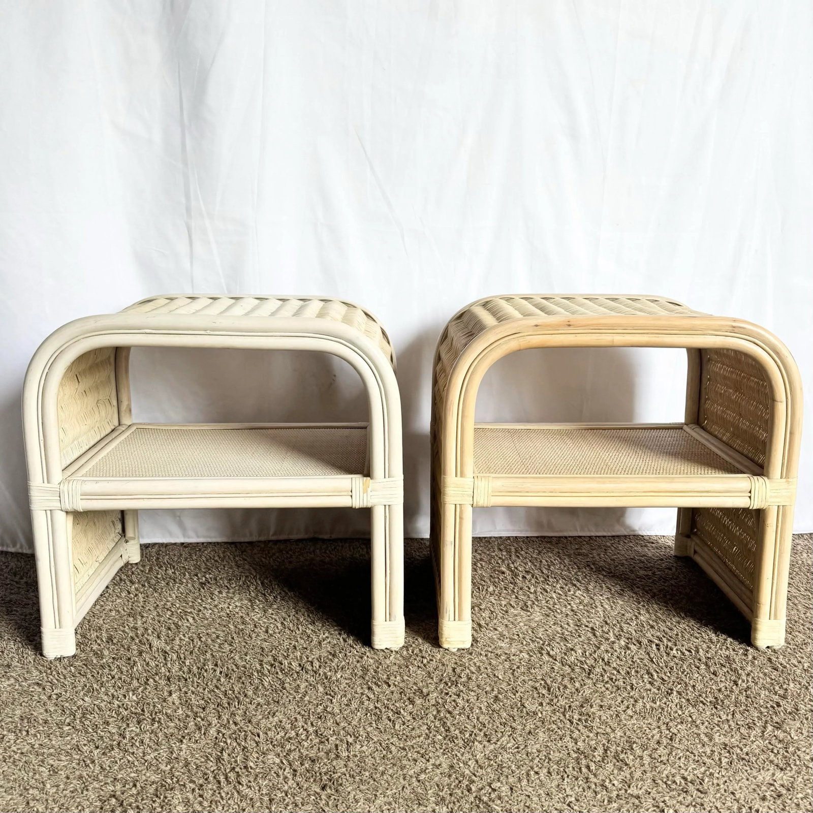Boho Chic Coastal Rattan Wicker Waterfall Side Tables/Nightstands - A Pair - 2