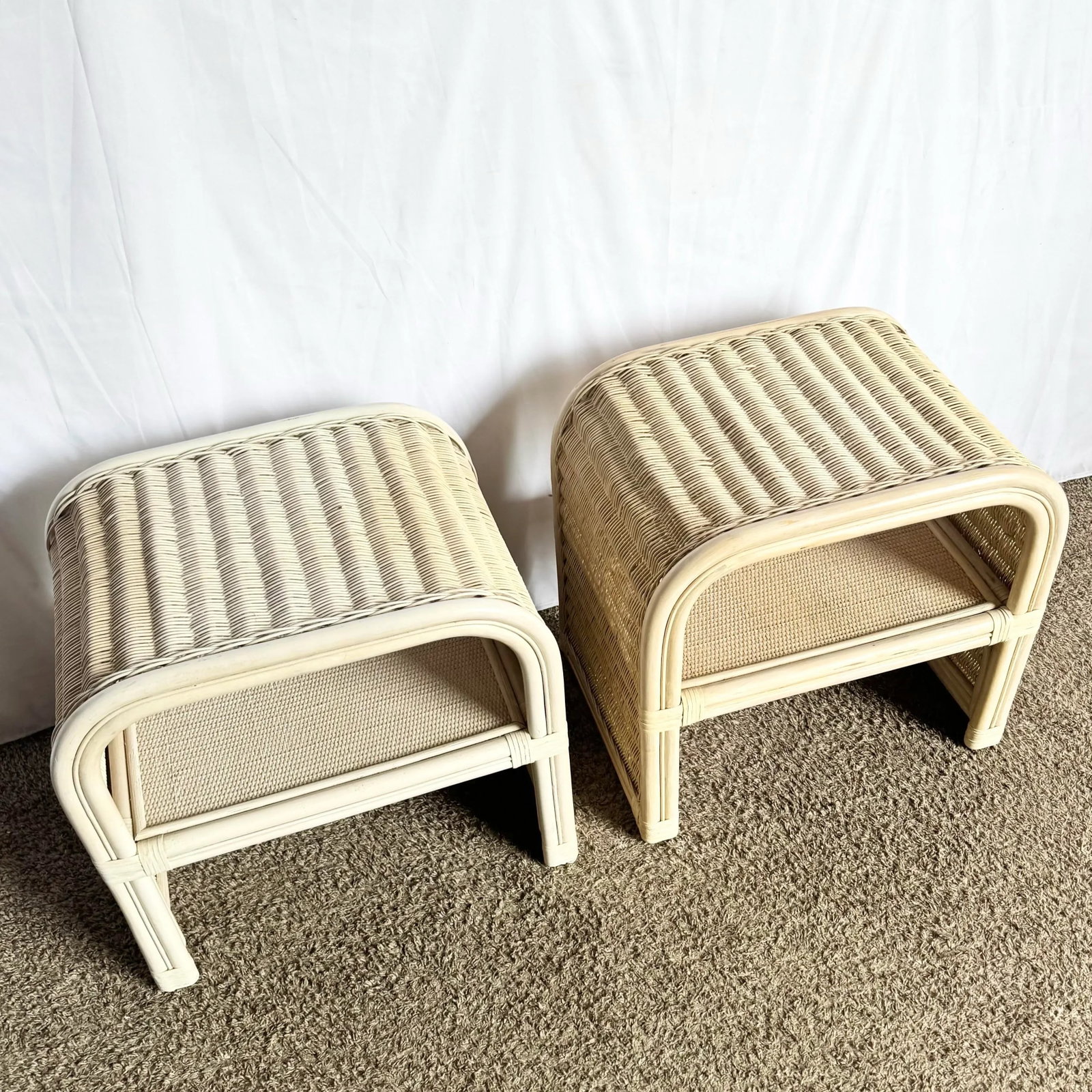 Boho Chic Coastal Rattan Wicker Waterfall Side Tables/Nightstands - A Pair - 4