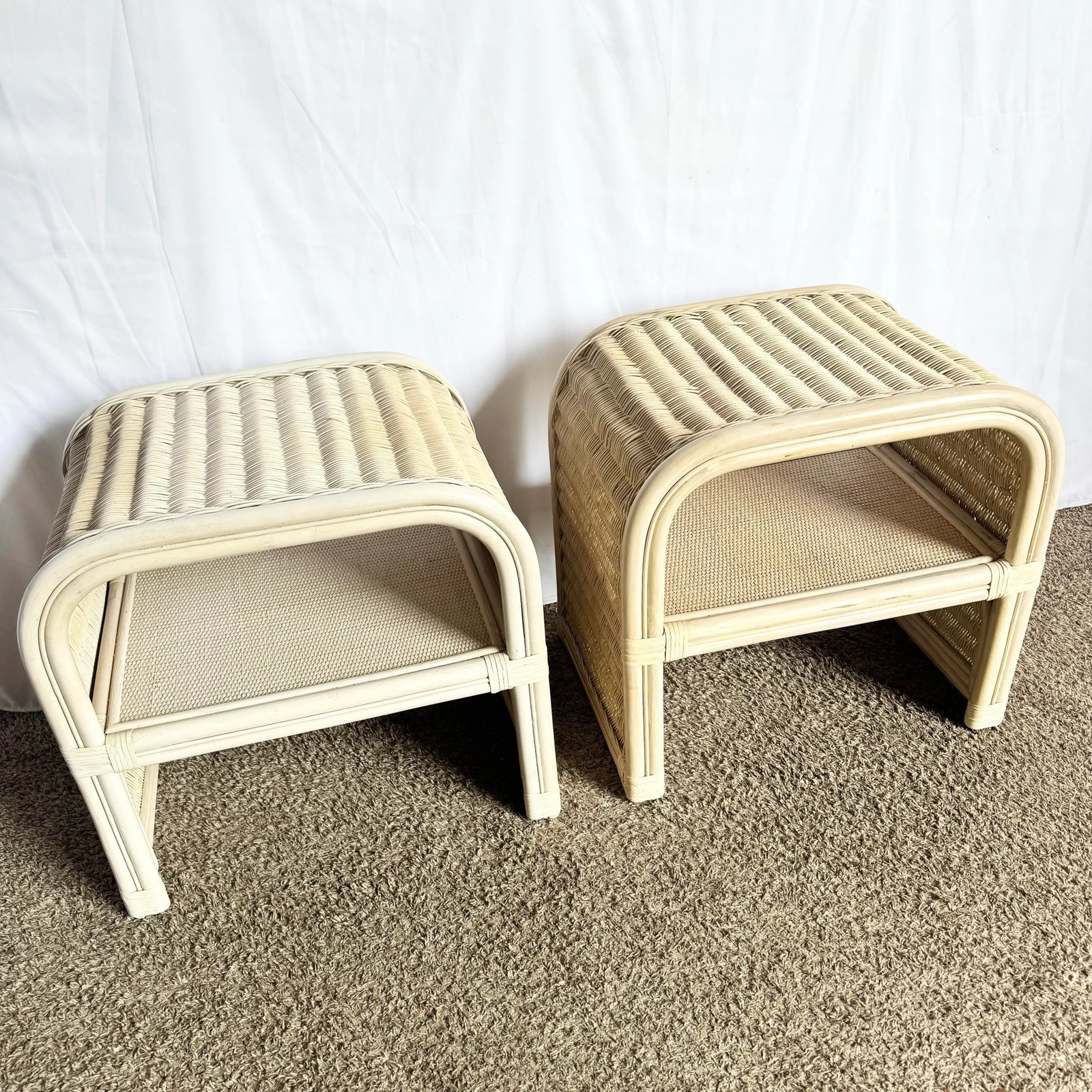 Boho Chic Coastal Rattan Wicker Waterfall Side Tables/Nightstands - A Pair - 5
