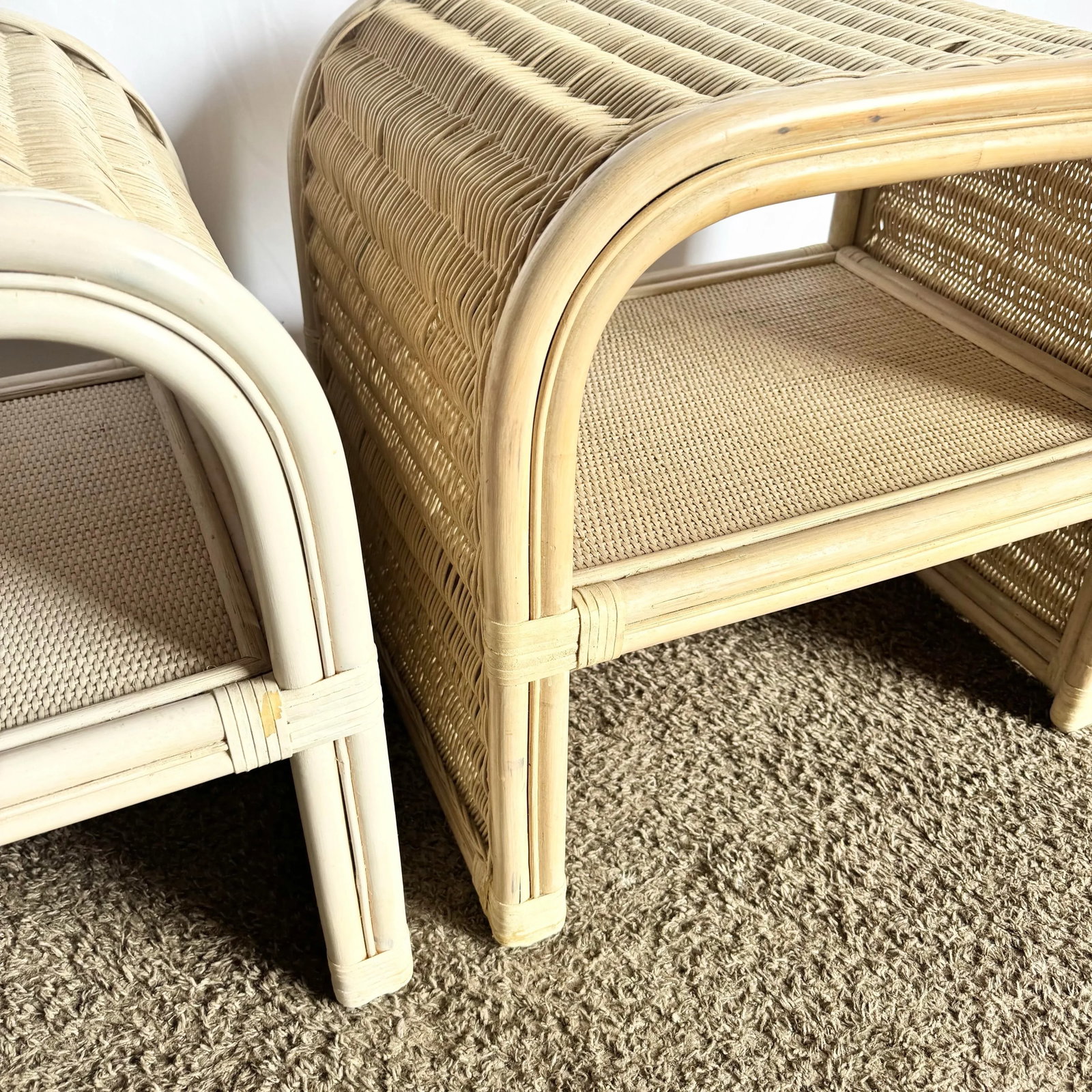 Boho Chic Coastal Rattan Wicker Waterfall Side Tables/Nightstands - A Pair - 6