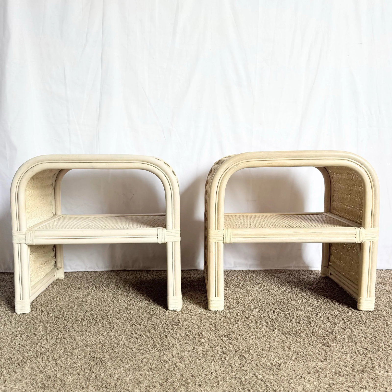 Boho Chic Coastal Rattan Wicker Waterfall Side Tables/Nightstands - A Pair - 7