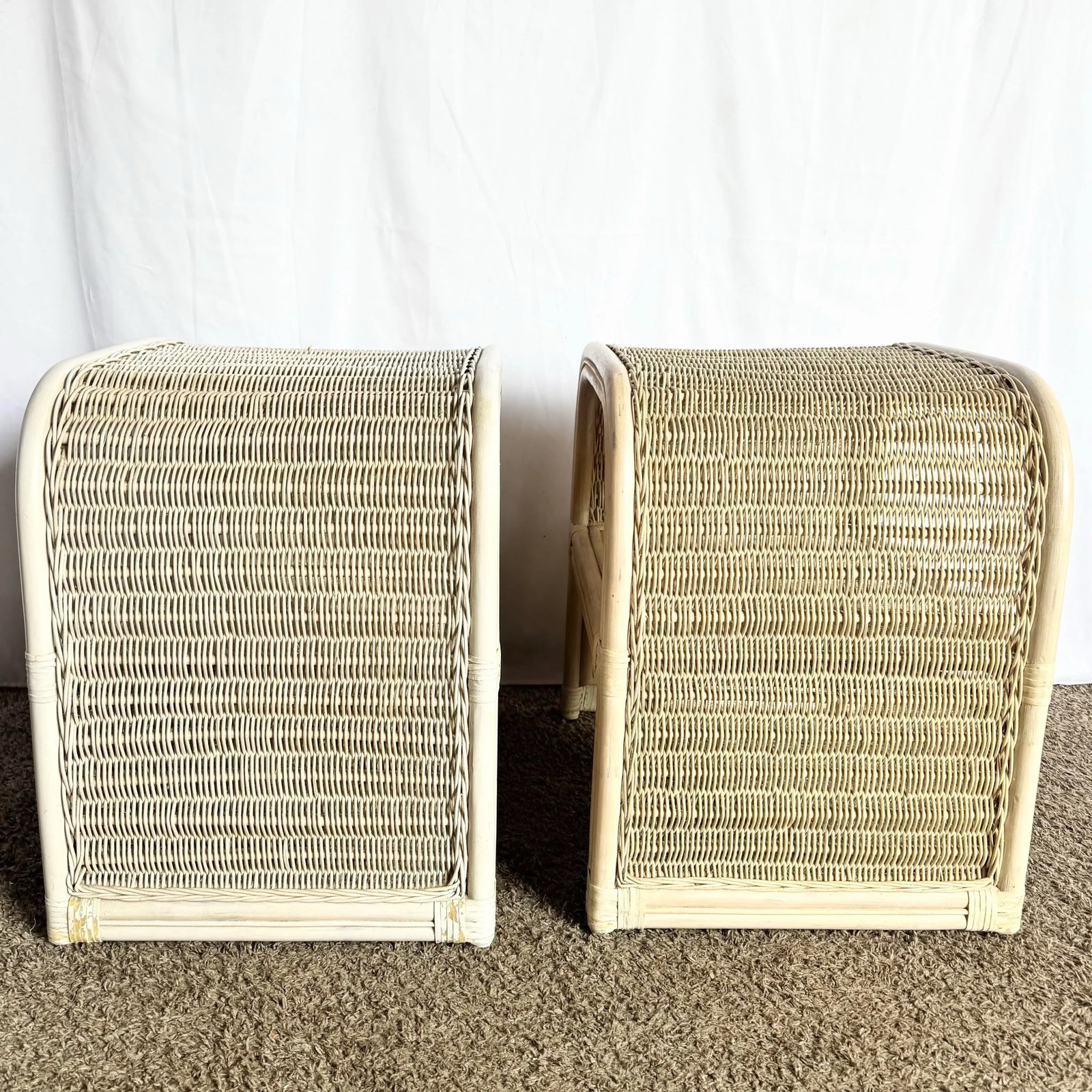 Boho Chic Coastal Rattan Wicker Waterfall Side Tables/Nightstands - A Pair - 9