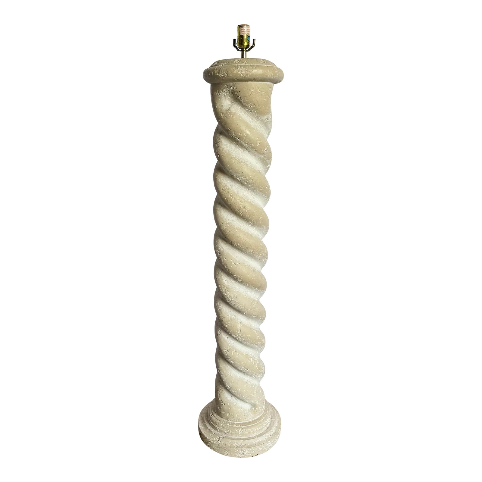 Postmodern Painted Plaster Swirl Pillar Floor Lamp: Sculptural and striking, this Postmodern floor lamp is crafted from painted plaster in the form of a bold twisted pillar. The exaggerated swirl silhouette and textured off-white finish evoke the