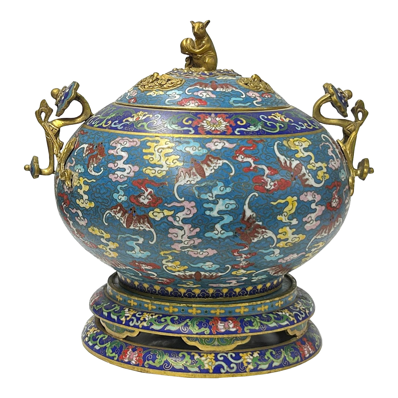 Vintage Enamel Metal Bats Ru Yi Fortune Ding Shape Incense Burner Display Art: Elevate your decor with this stunning vintage cloisonné censer, a piece that effortlessly combines beauty and historical charm. The deep, lustrous blue enamel serves as a perfect canvas for the f