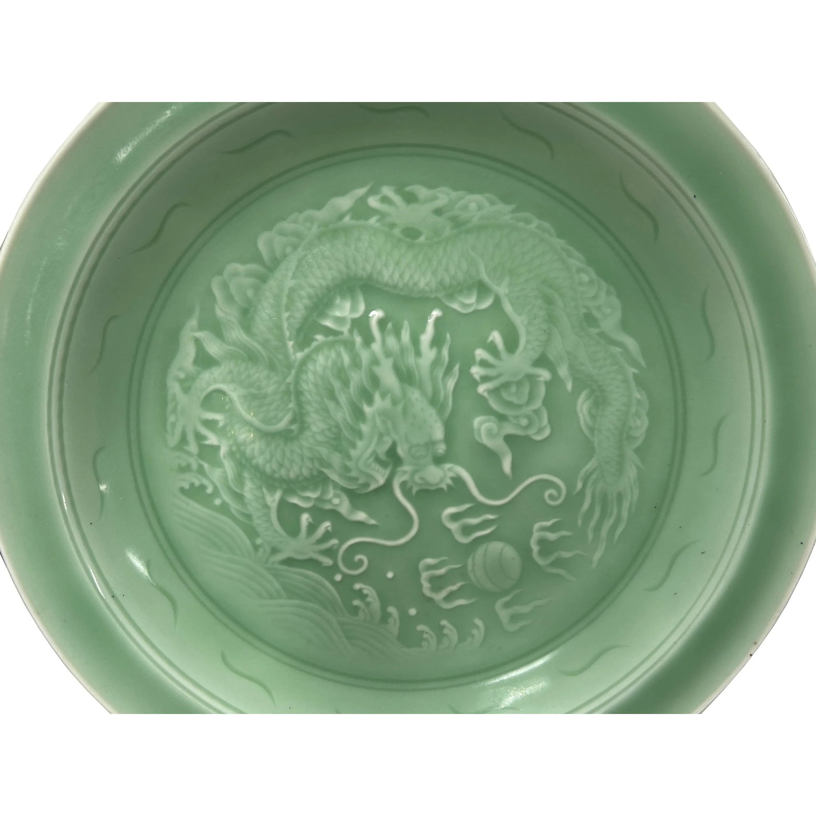 Chinese Celadon Dragon Motif Porcelain Plate Display Art - 7