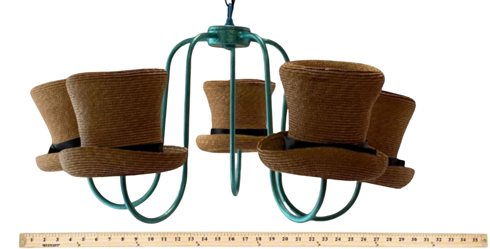 Vintage Designer Straw Hat Black Ribbon 5 Light Chandelier - 12