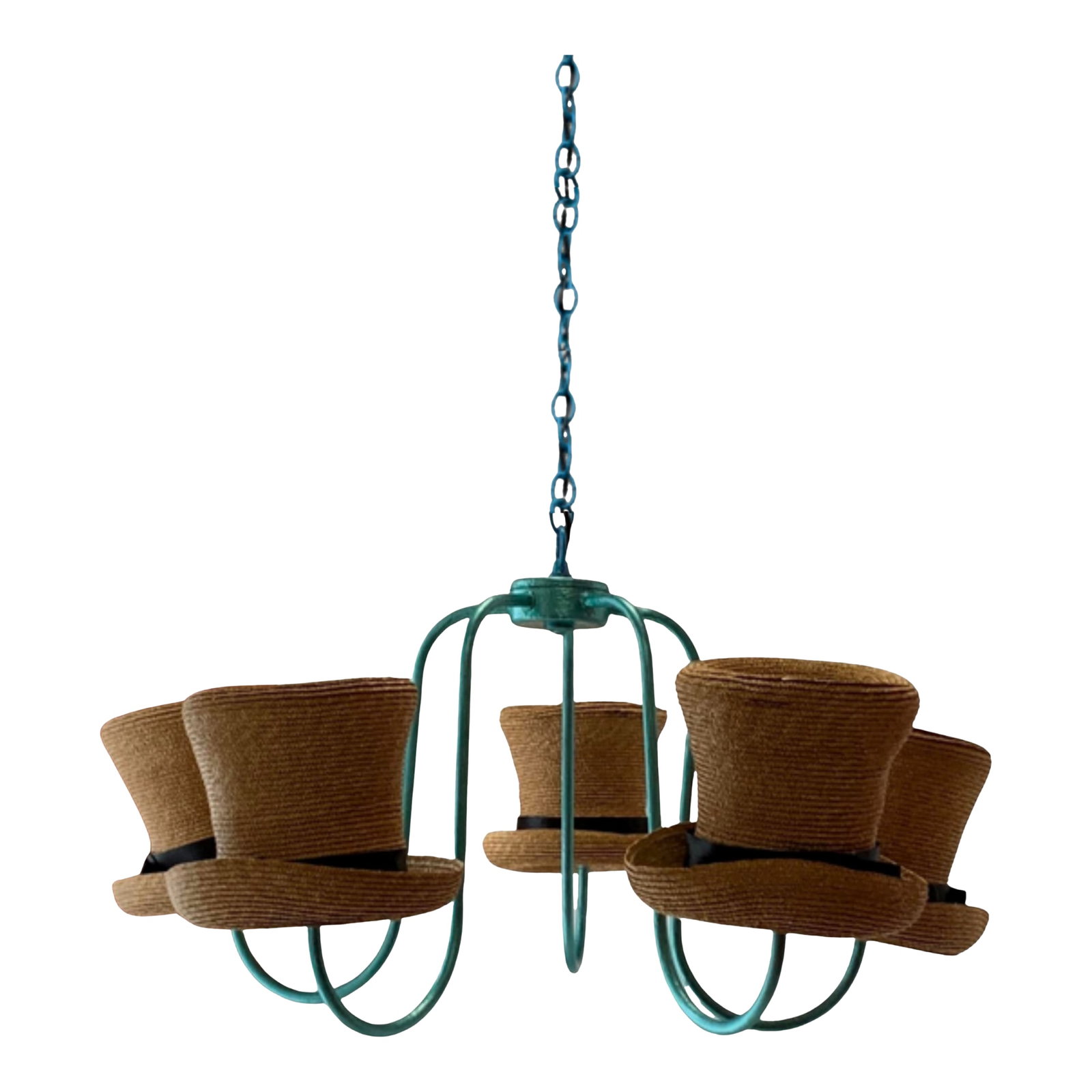 Vintage Designer Straw Hat Black Ribbon 5 Light Chandelier: Make a bold statement with this one-of-a-kind glam chandelier, finished in a radiant aqua blue metallic. Designed in the 1990s by acclaimed New York City milliner and fashion designer Marta