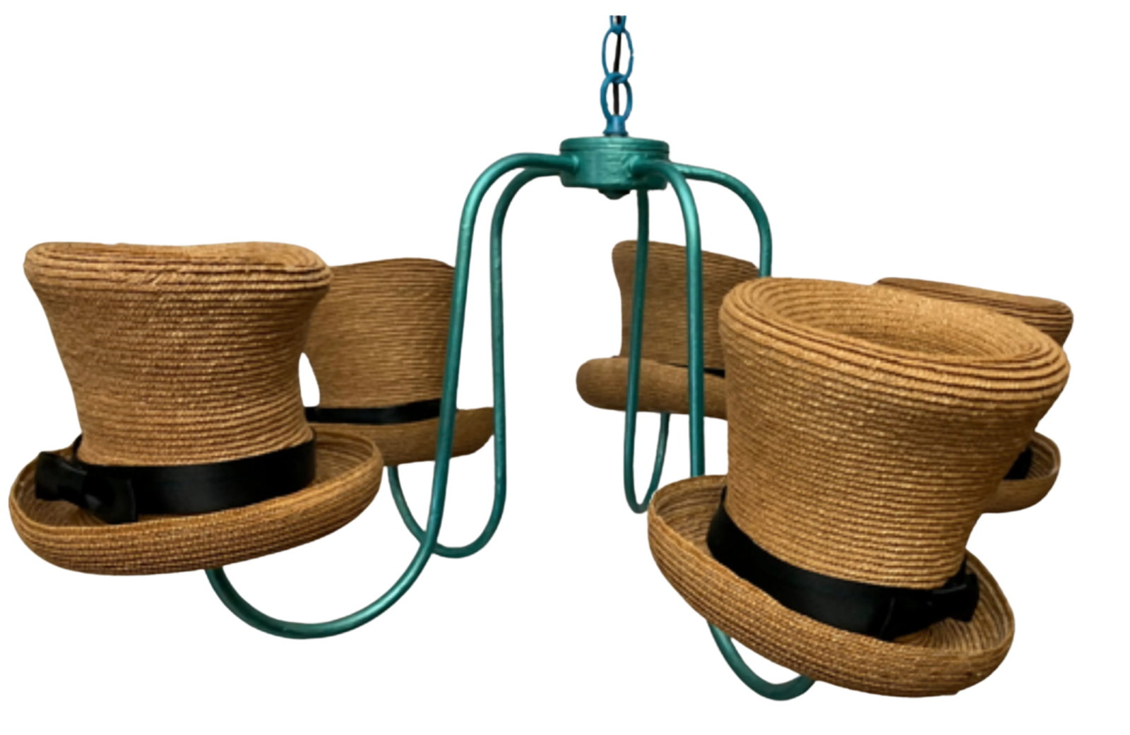 Vintage Designer Straw Hat Black Ribbon 5 Light Chandelier - 3